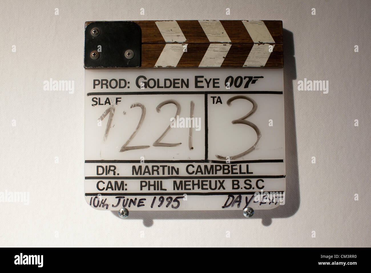 50 Years of James Bond The Auction at Christie's, London, UK 28.09.2012 To celebrate the 50th anniversary of James Bond on film, Christie's announces 50 Years of James Bond - The Auction, presenting the opportunity to acquire Bond memorabilia. Here  - A clapperboard used during the filing of 'GoldenEye' (1995) to be auctioned at Christie's online between 29th September until 5th October. Stock Photo
