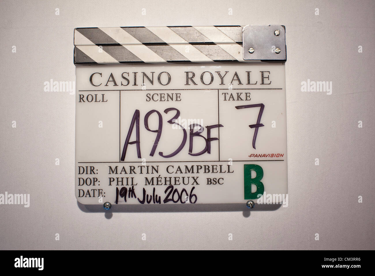 50 Years of James Bond The Auction at Christie's, London, UK 28.09.2012 To celebrate the 50th anniversary of James Bond on film, Christie's announces 50 Years of James Bond - The Auction, presenting the opportunity to acquire Bond memorabilia. Here  - A clapperboard used during the filming of 'Casino Royale' (2006) to be auctioned at Christie's online between 29th September until 5th October. Stock Photo