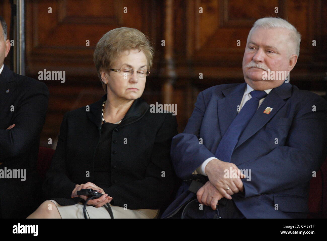 Gdansk, Poland 29th September 2012 Belariusian oppositionist Ales Belyatsky laureate of the 2012 Lech Walesa Award. Former Polish President Lech Walesa (R)  and  his wife Danuta Walesa (L) during the ceremony Stock Photo