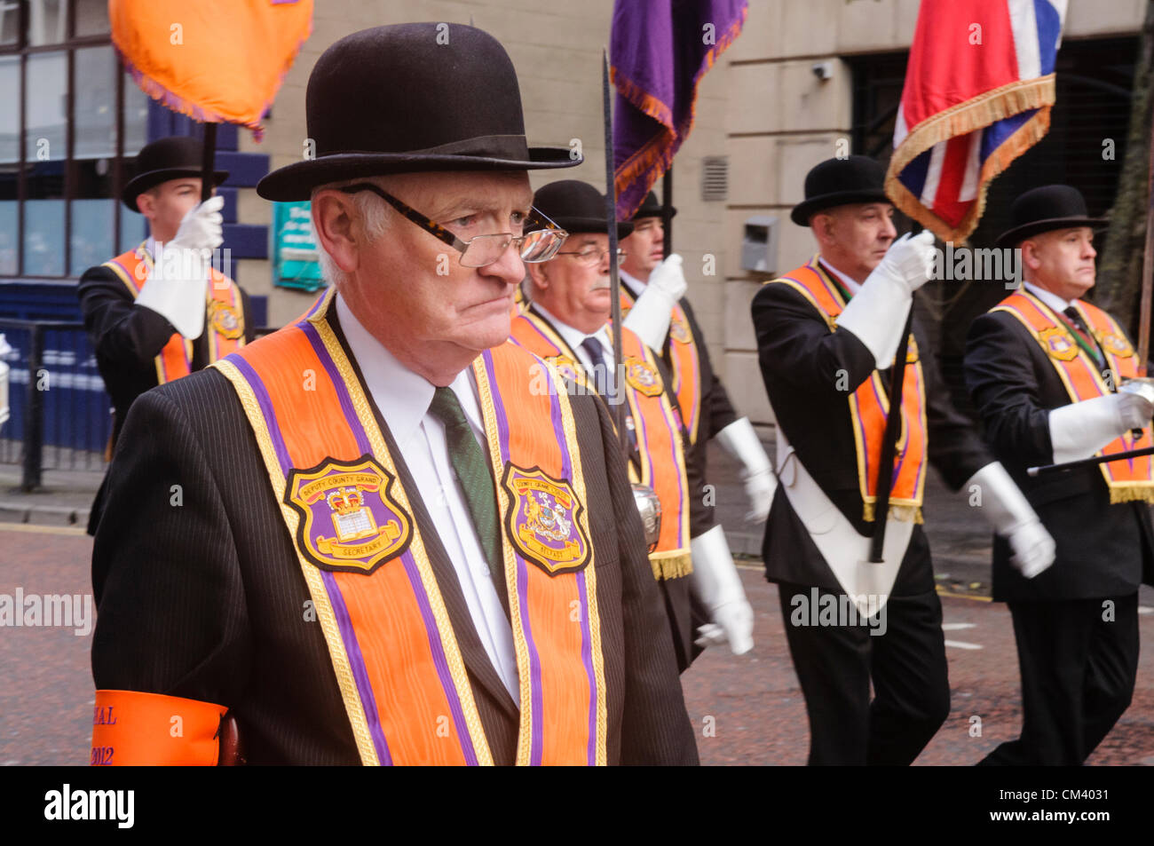 Orangemen on parade in Belfast Stock Photo