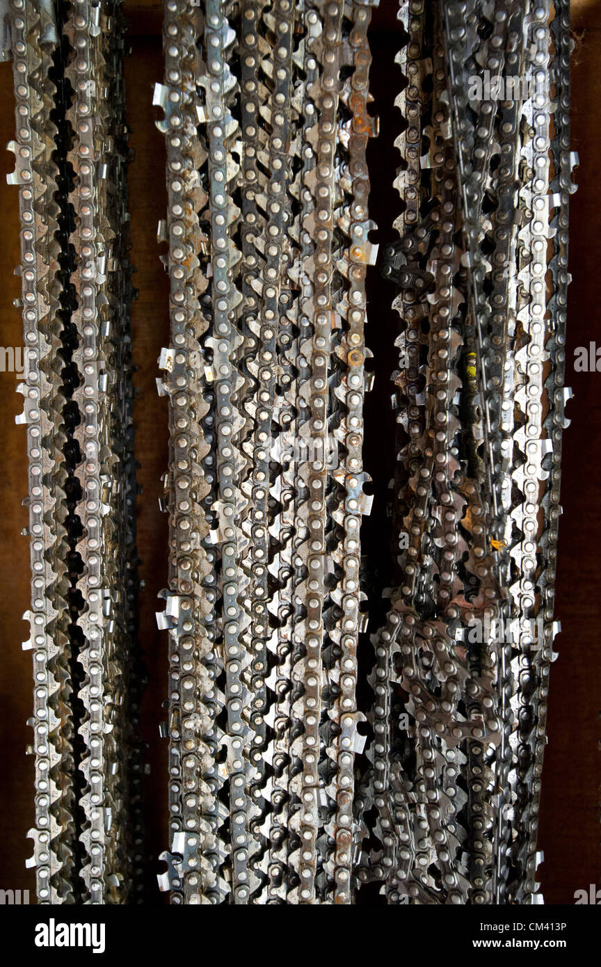 Aug. 28, 2012 - Marblemount, Washington, USA - August 28, 2012, Marblemount, Washington - Chainsaw chains hang in the tack house in Marblemount used by North Cascades National Park trails staff to create and clear trails for hikers inside the park. (Credit Image: © David Snyder/ZUMAPRESS.com) Stock Photo