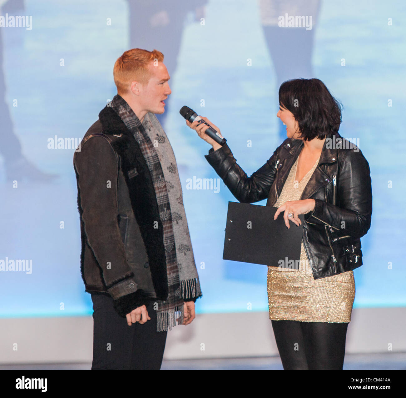 Martine McCutcheon interviewing Greg Rutherford about his fashion sense at Style Birmingham Live. Stock Photo