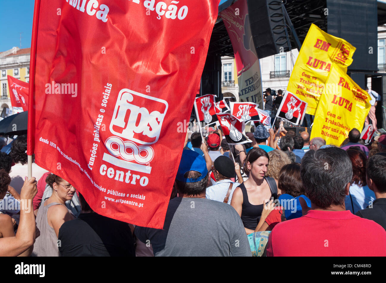 Peaceful protest organised by the CGTP union gathers activists in Lisbon on Saturday against austerity, poverty and new taxes. Stock Photo