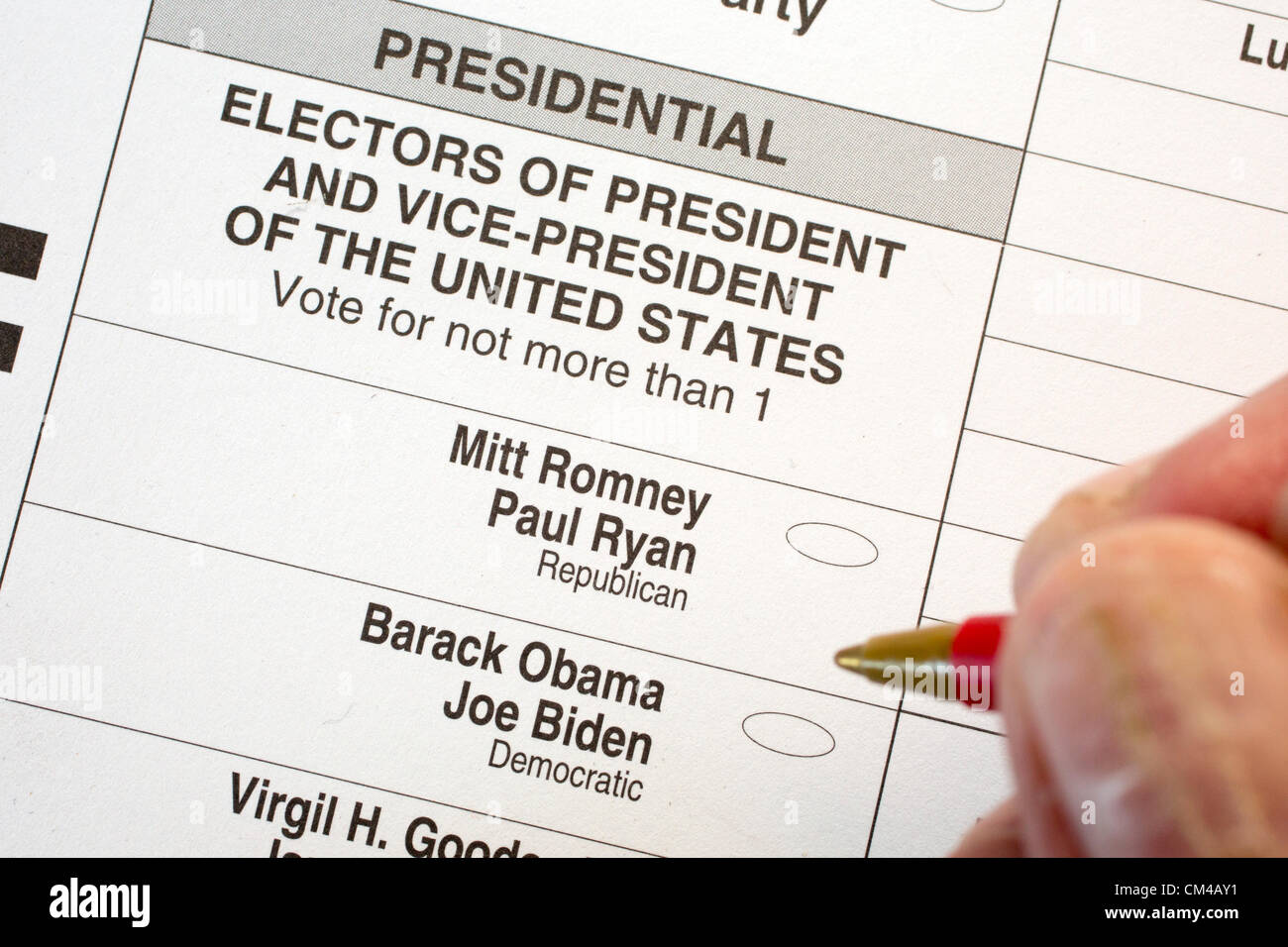 Detroit, Michigan - An absentee ballot in the 2012 U.S. presidential election. Stock Photo
