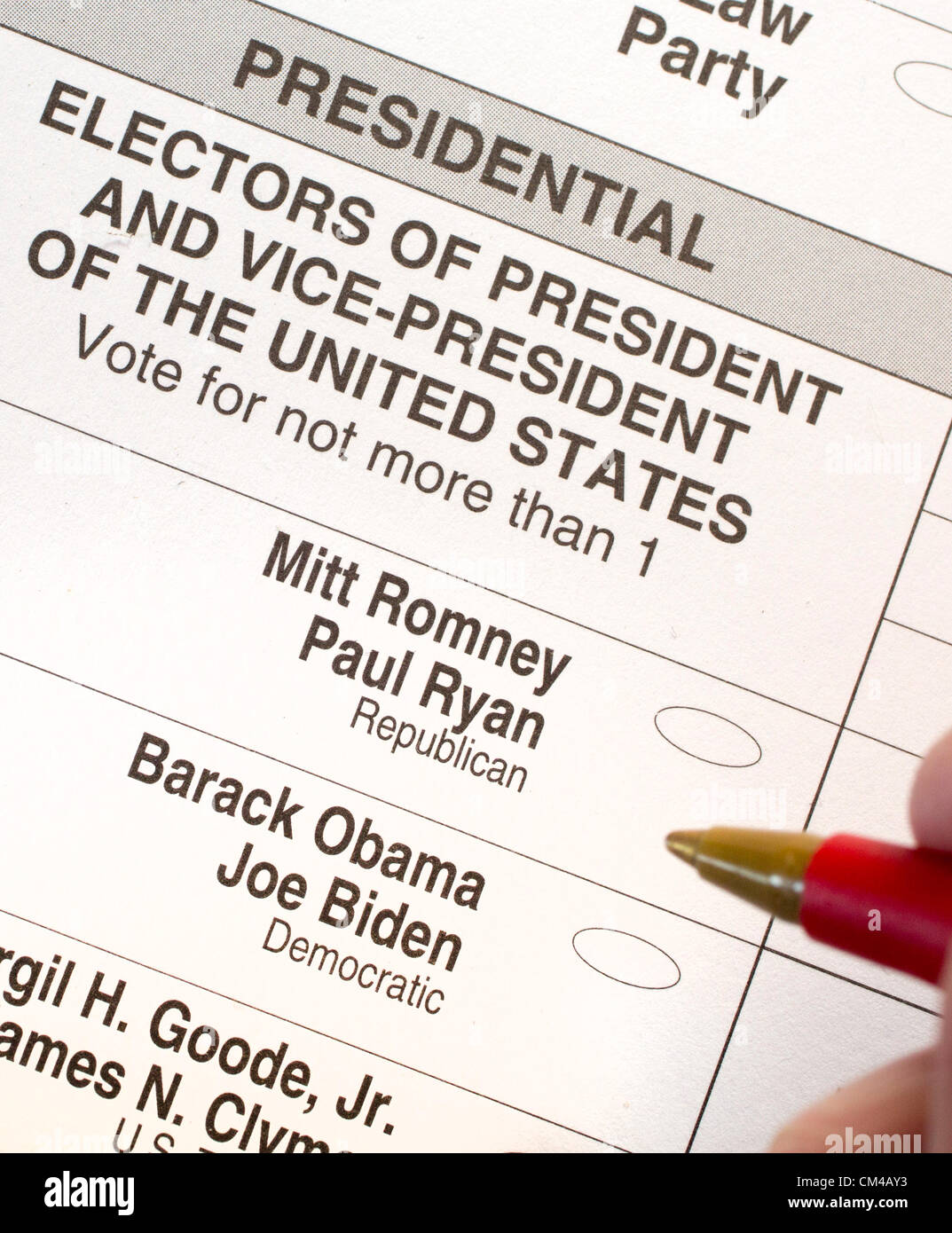 Detroit, Michigan - An absentee ballot in the 2012 U.S. presidential election. Stock Photo
