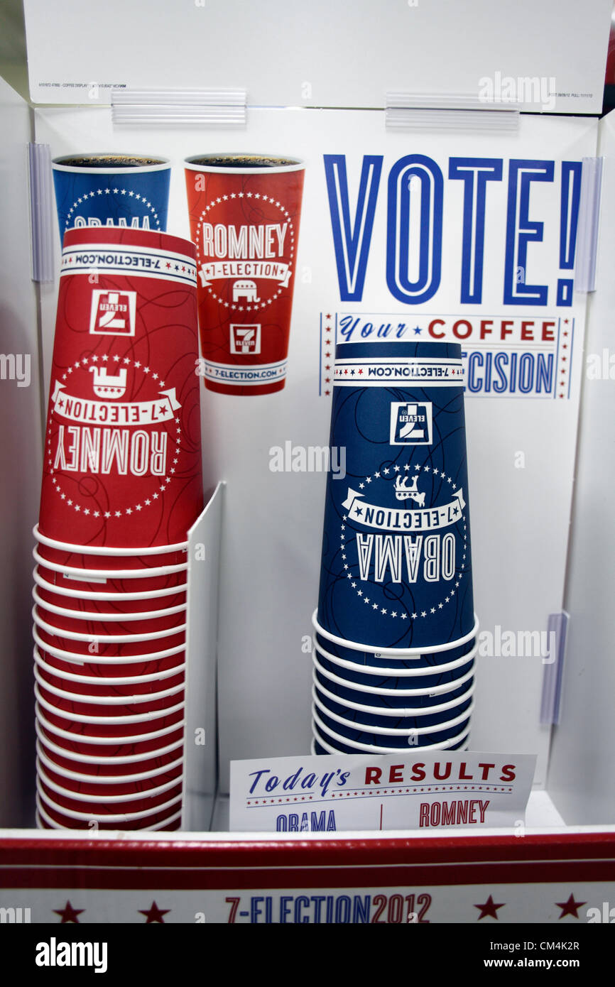 2012 U.S. Presidential Election, 7 Eleven Convenience Stores Lets You Vote With Your Choice Of Coffee, Either Obama or Romney. Stock Photo