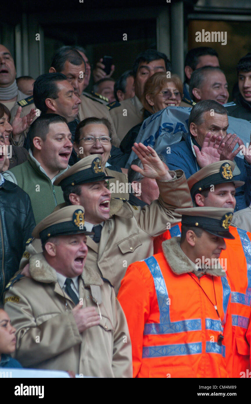 Oct. 3, 2012 - Buenos Aires, Buenos Aires, Argentina - Members of the Gendarmerie (Gendarmeria Nacional) and the Coast Guard (Prefectura Naval) withdraw to barracks and occupy the Centinela and Guardacostas central buildings  in protest for a reduction in their salaries. After high level negotiations with Chief of Cabinet Juan Manuel Abal Medina, the government backed off the decree, and the conflict seems to be close to be resolved. (Credit Image: © Patricio Murphy/ZUMAPRESS.com) Stock Photo