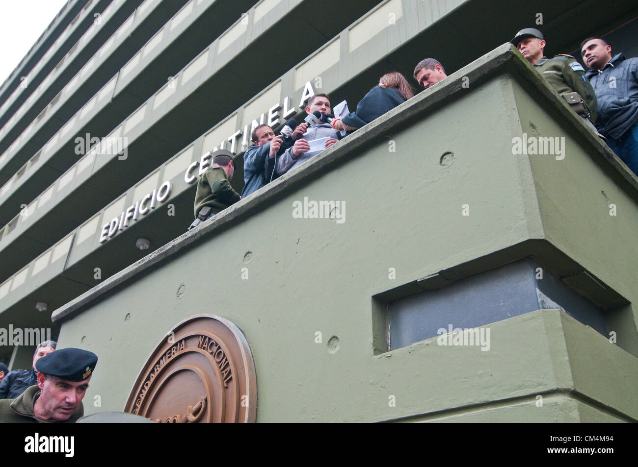 Oct. 3, 2012 - Buenos Aires, Buenos Aires, Argentina - Members of the Gendarmerie (Gendarmeria Nacional) and the Coast Guard (Prefectura Naval) withdraw to barracks and occupy the Centinela and Guardacostas central buildings  in protest for a reduction in their salaries. After high level negotiations with Chief of Cabinet Juan Manuel Abal Medina, the government backed off the decree, and the conflict seems to be close to be resolved. (Credit Image: © Patricio Murphy/ZUMAPRESS.com) Stock Photo