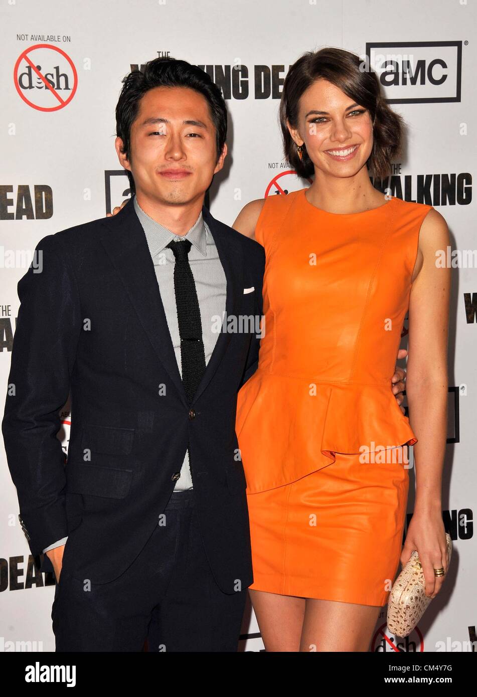 Oct. 4, 2012 - Los Angeles, California, U.S. - Steven Yeun, Lauren Cohan  Attending the Premiere screening for ''the Walking Dead'' Season 3 held at  the Universal City Walk in Universal City,, image size:951x1390