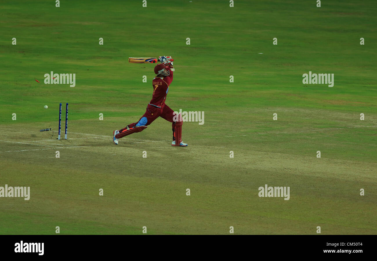 Colombo, Sri Lanka. 5th October 2012. West Indies batsman Marlon Samuels clean bowled during the ICC T20 Cricket World Cup Semi Final in Colombo, Sri Lanka Stock Photo