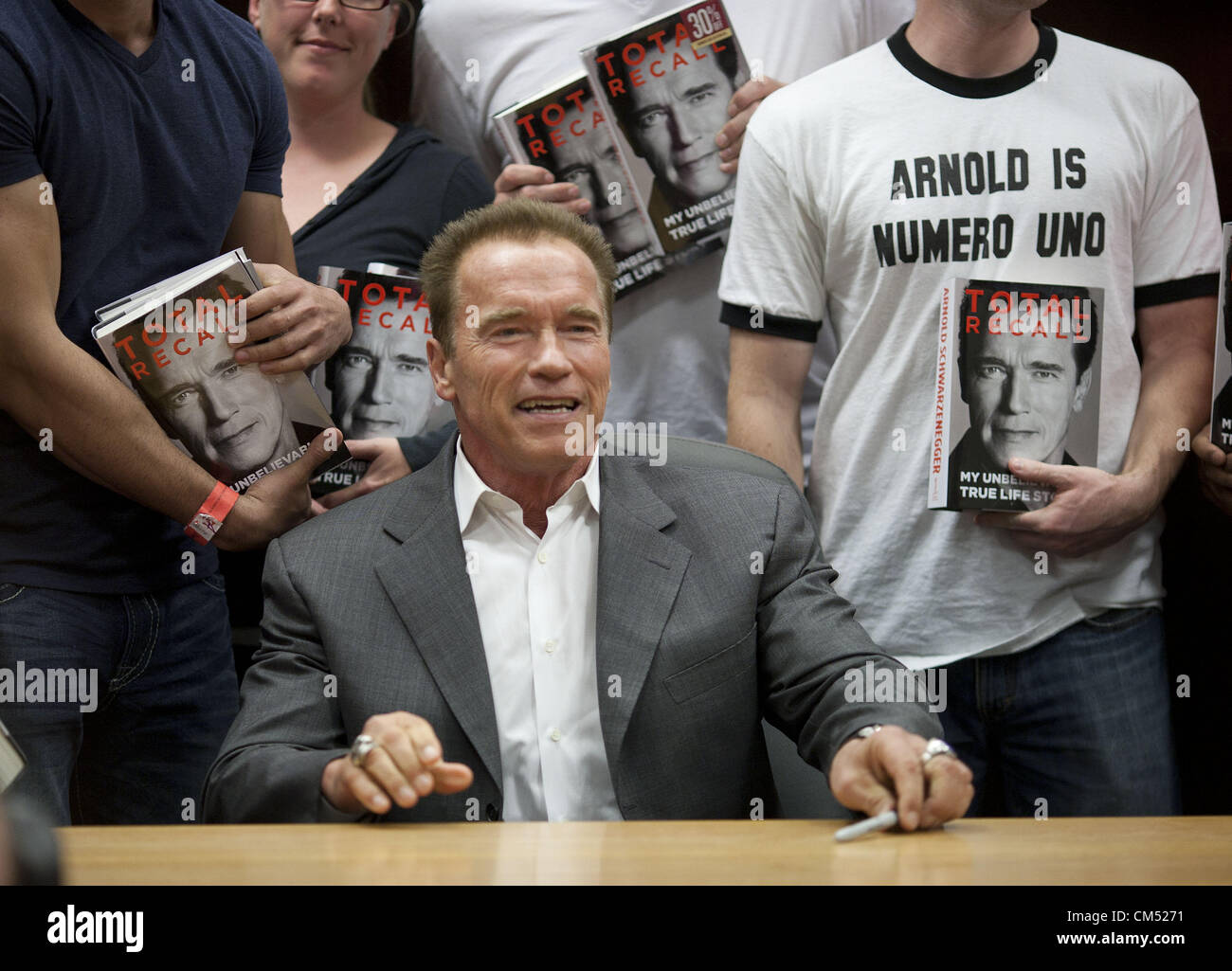 Oct. 5, 2012 - Los Angeles, CALIFORNIA, USA - Actor and former California Governor Arnold Schwarzenegger signs his memoir, 'Total Recall - My Unbelievably True Life Story', October 5, 2012 in Los Angeles, California.Schwarzenegger's book, 'Total Recall', named after one of his blockbuster movies, includes details of his marital infidelities, including fathering a child with his housekeeper, leading his wife Maria Shriver to file for divorce.ARMANDO ARORIZO (Credit Image: Credit:  Armando Arorizo/Prensa Internacional/ZUMAPRESS.com)/ Alamy Live News Stock Photo