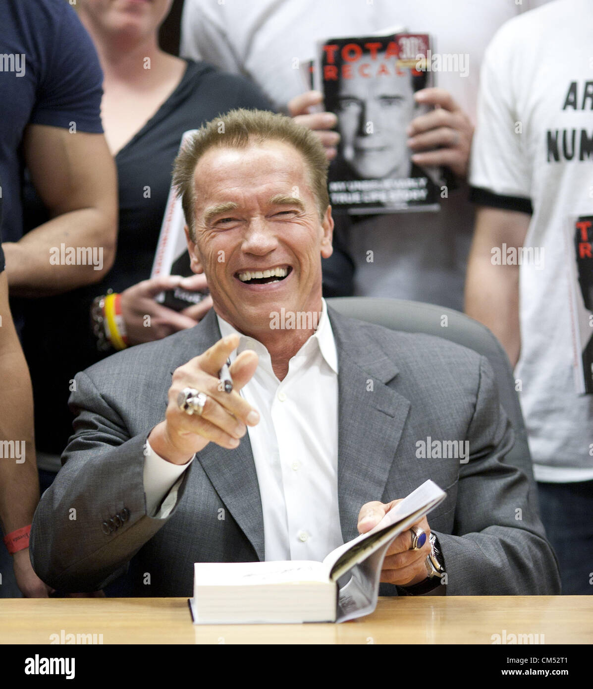 Oct. 5, 2012 - Los Angeles, California, U.S. - Actor and former California Governor ARNOLD SCHWARZENEGGER signs his memoir 'Total Recall - My Unbelievably True Life Story' in Los Angeles. Schwarzenegger's book 'Total Recall', named after one of his blockbuster movies, includes details of his marital infidelities including fathering a child with his housekeeper, leading his wife M. Shriver to file for divorce. (Credit Image: © Armando Arorizo/Prensa Internacional/ZUMAPRESS.com) Stock Photo