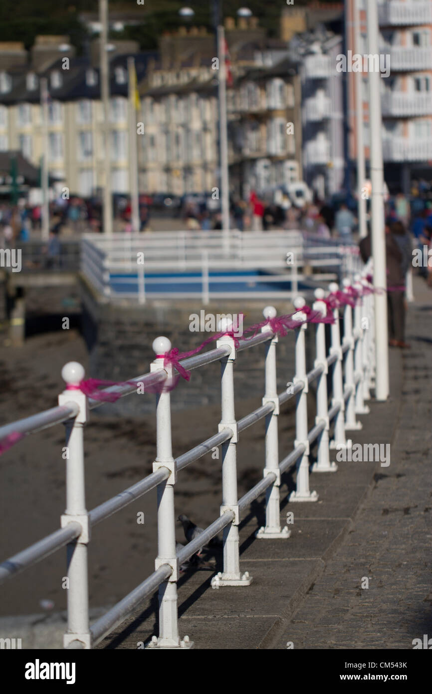 Pink ribbons line the promenade at Aberystwyth for April Jones. Mark Bridger is charged with her abduction and murder. Stock Photo