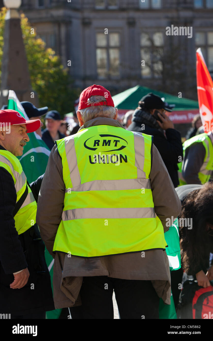 7th October 2012 Birmingham UK. TUC rally and demonstration at Tory Party conference, Birmingham. Member of the RMT Union in high vis jacket. Stock Photo
