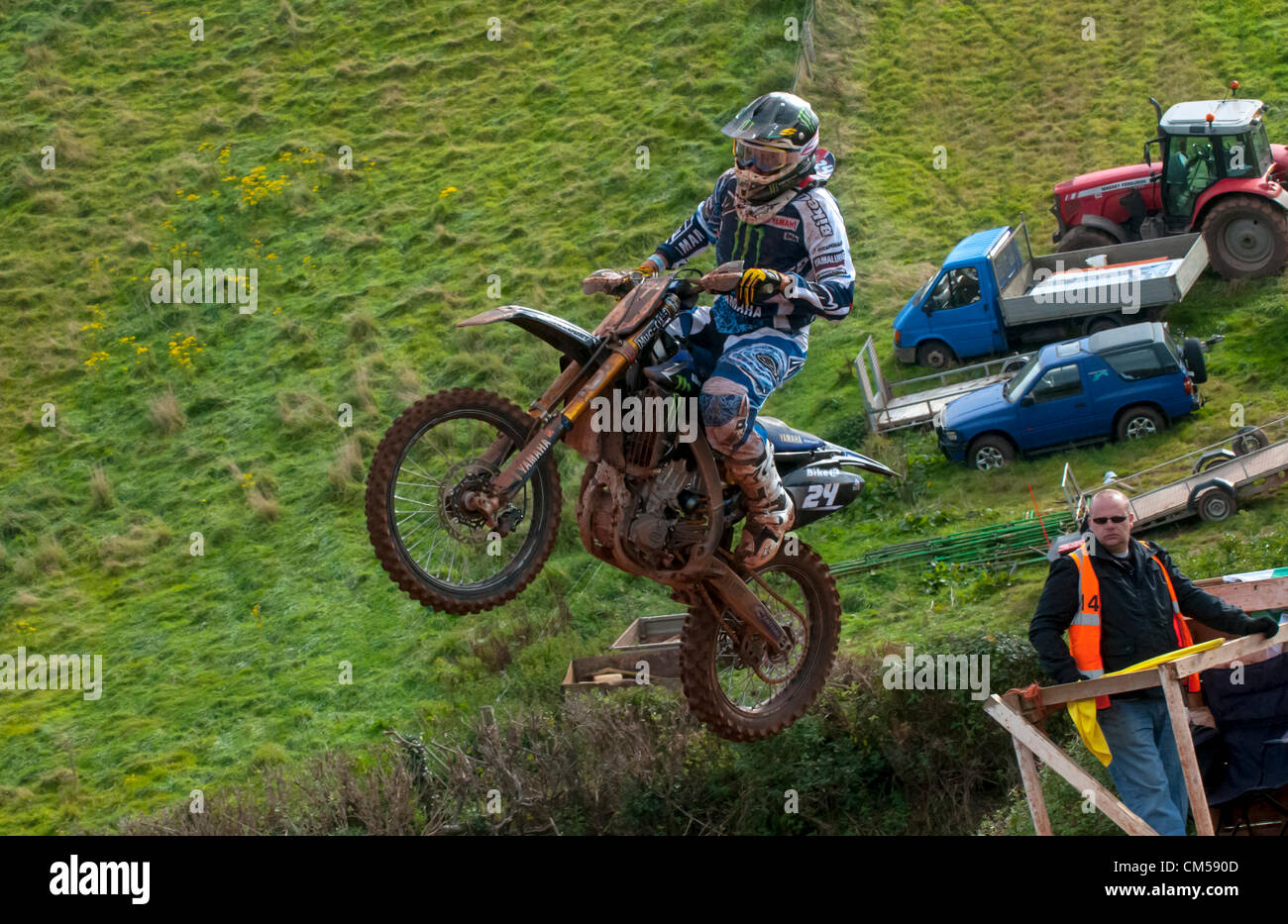 Shaun Simpson on the Monster Energy Bike It Yamaha racing in race 1 of the MAXXIS British Motocross Championship MX 1 at Little SIlver race track in Exeter. Stock Photo