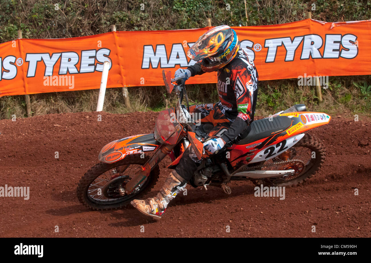 MAXXIS ACU MX1 British Champion Kevin Strijbos HM Plant KTM UK racing in race 1 of the MAXXIS British Motocross Championship MX 1 at Little SIlver race track in Exeter. Stock Photo