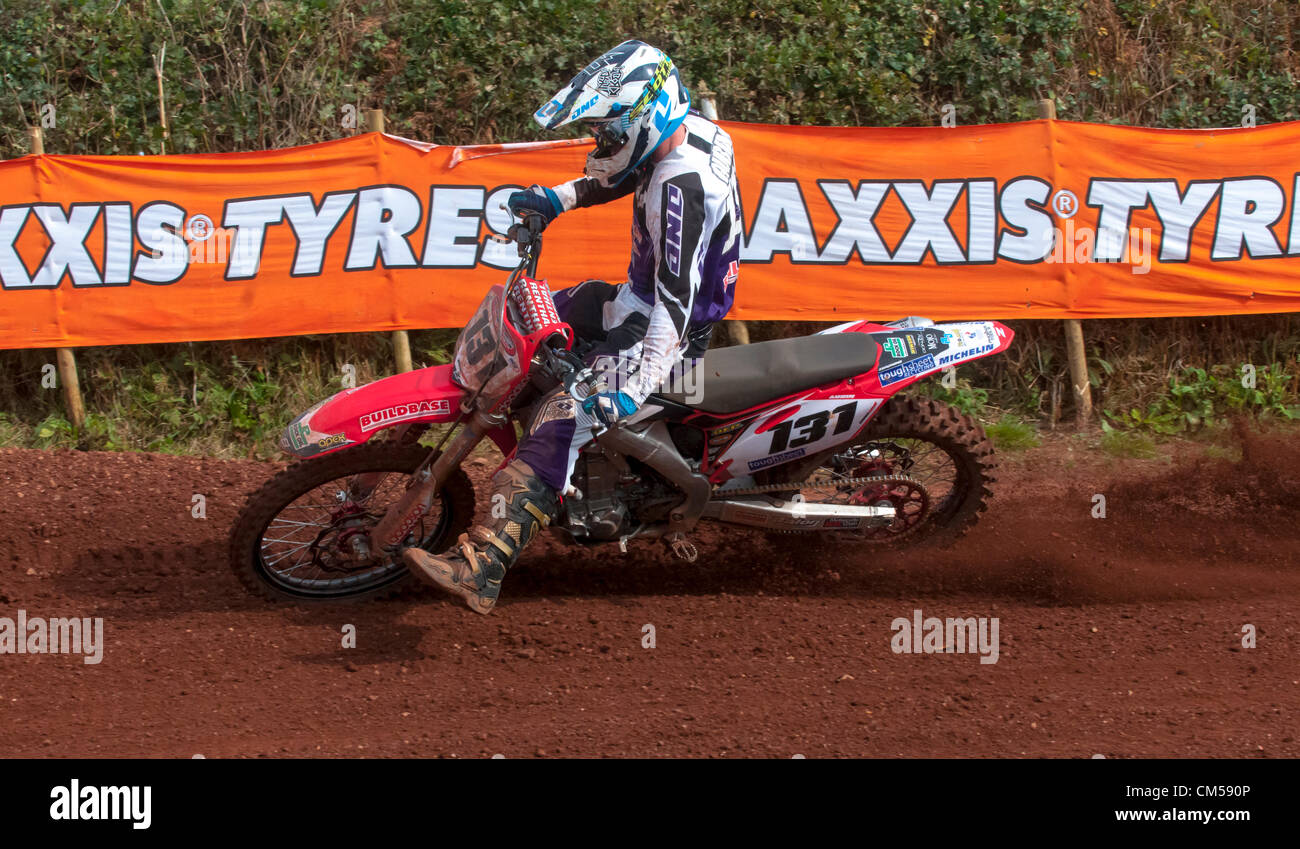 Nicolas Aubin on the Buildbase Honda Racing Team racing in race 1 of the MAXXIS British Motocross Championship MX 1 at Little SIlver race track in Exeter. Stock Photo