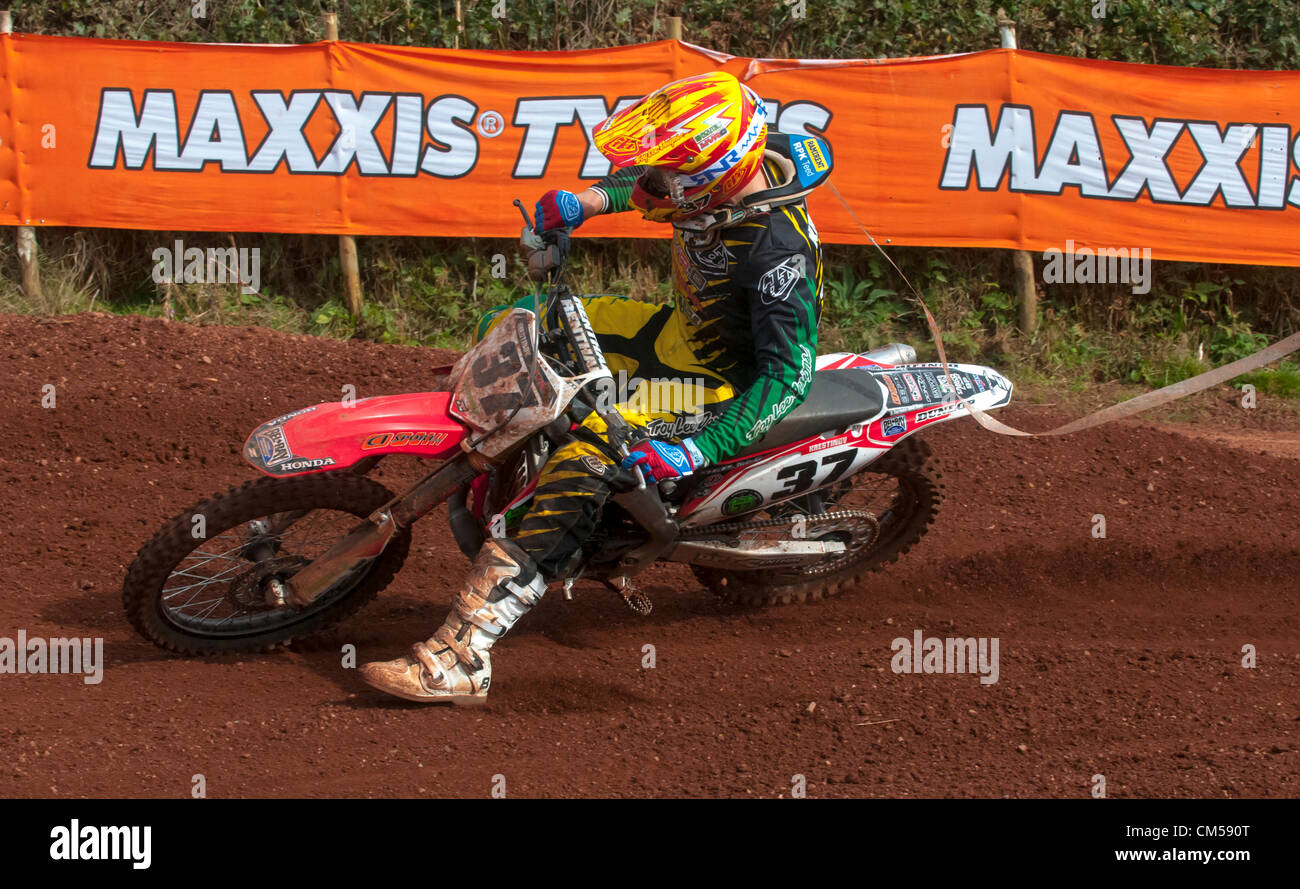 Gert Krestinov on the Route 77 Energy MVR-D Honda racing in race 1 of the MAXXIS British Motocross Championship MX 1 at Little SIlver race track in Exeter. Stock Photo