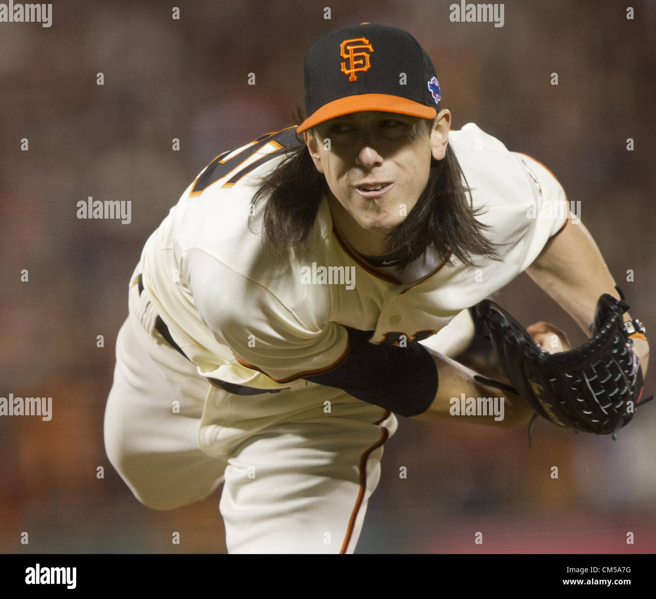 Oct. 7, 2012 - San Francisco, CA, USA - San Francisco Giants starting pitcher Tim Lincecum (55) pitches to the Cincinnati Reds in the seventh inning in Game 2 of baseball's National League Division Series at AT&T Park on Sunday October 7, 2012 in San Francisco, Calif. (Credit Image: © Paul Kitagaki Jr/Sacramento Bee/ZUMAPRESS.com) Stock Photo
