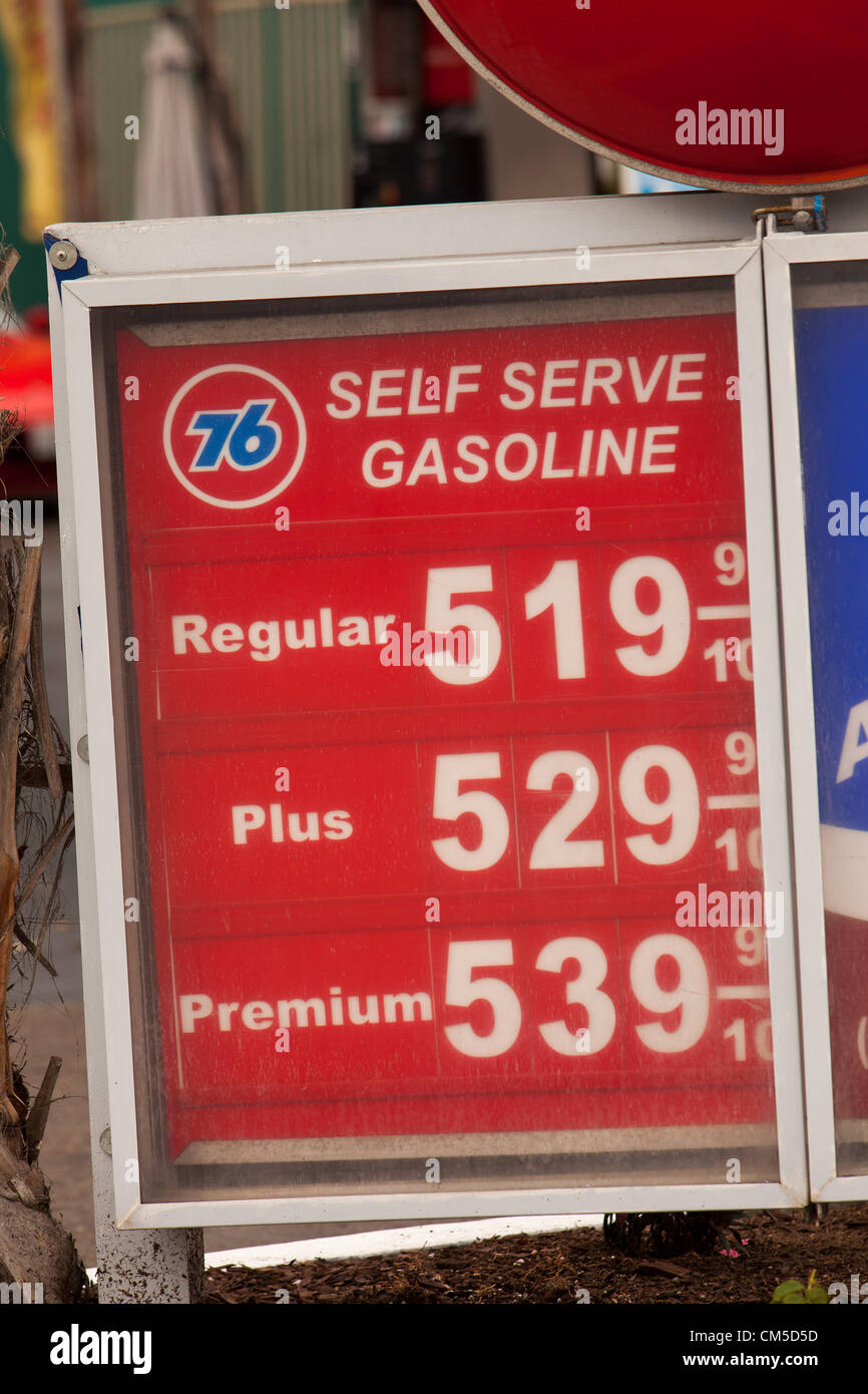 Oct. 8, 2012 - Corondo, California, U.S - California gas prices soar above the five dollar mark. Seen here at a Union 76 station in Coronado,CA (Credit Image: © Daren Fentiman/ZUMAPRESS.com) Stock Photo