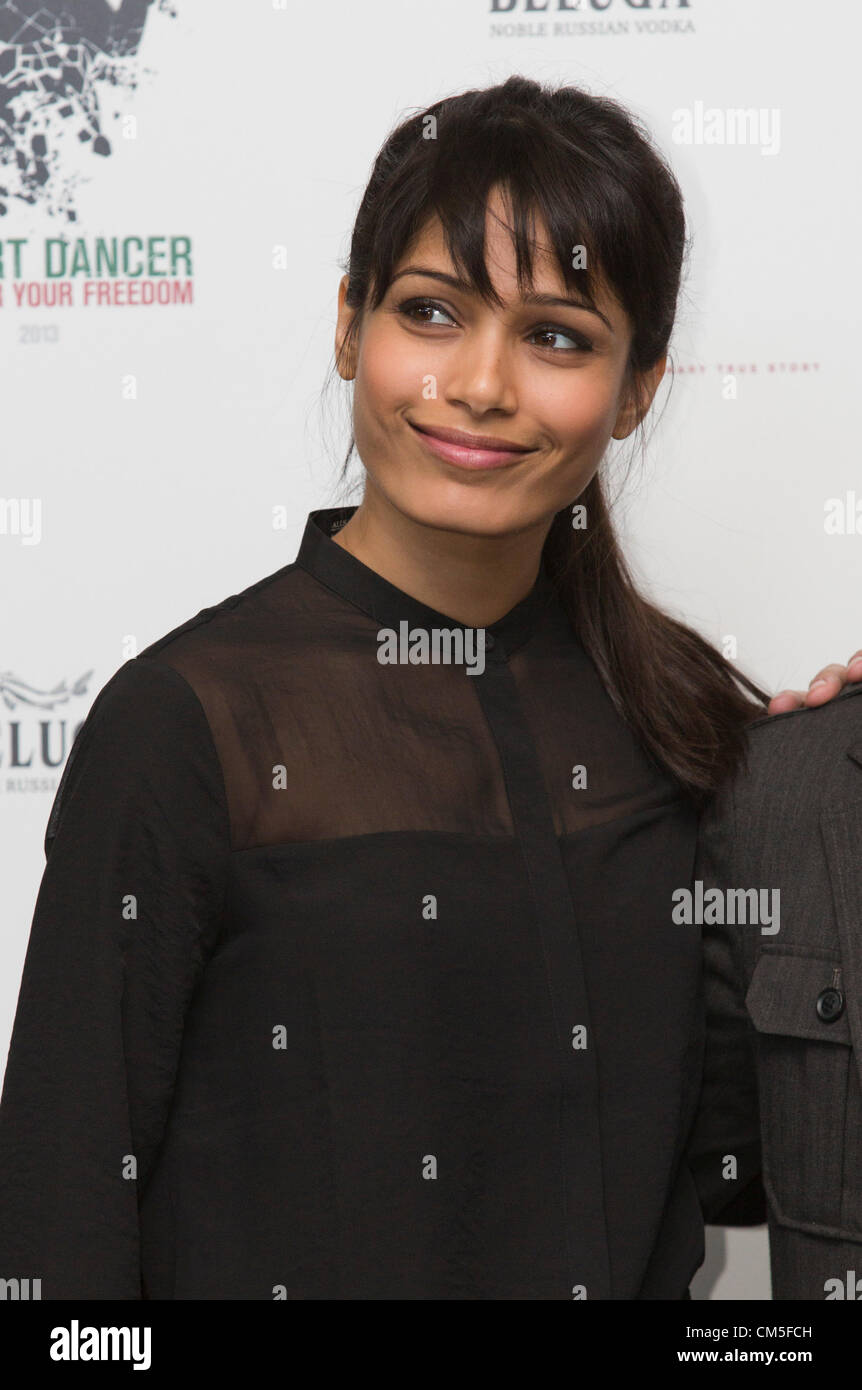 London, England, UK. Tuesday, 9 October 2012. Indian actress Freida Pinto. Photocall for the film "Desert Dancer" starring Indian actress Freida Pinto, Reece Ritchie and Tom Cullen at Sadler's Wells Theatre, London. The film was directed by Richard Raymond with dance choreography by Akram Khan. Stock Photo