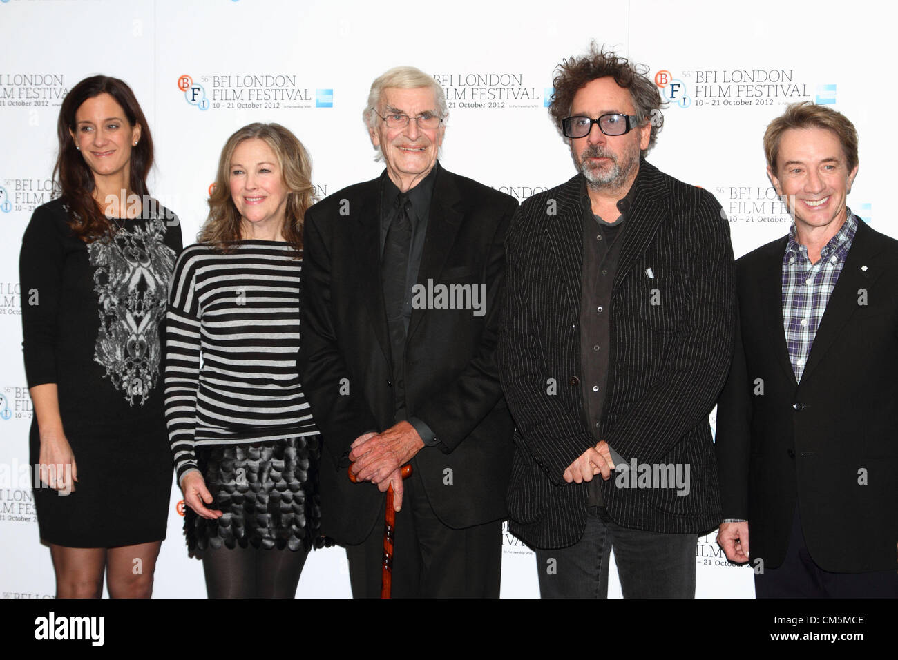 London, UK. 10th October 2012. Director Tim Burton, Producer Allison Abbate  and Voice Cast members Catherine O'Hara, Martin Landau and Martin Short at  the BFI London Film Festival 'Frankenweenie 3D' photocall at