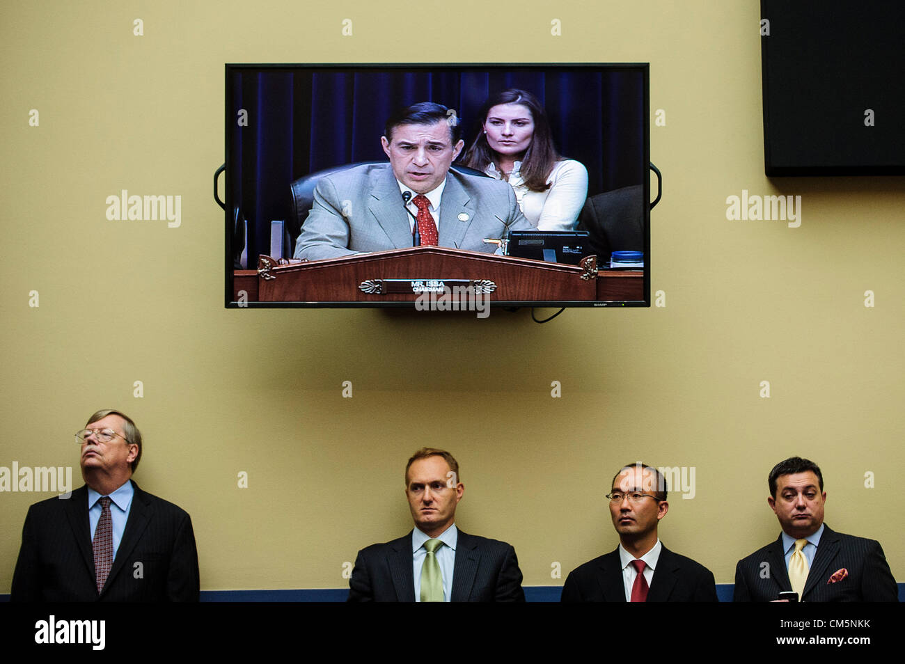 Oct. 10, 2012 - Washington, District of Columbia, U.S. - Committee Chairman DARYL ISSA (R-CA)  questions witnesses during a House Oversight and Government Reform Committee during a hearing focusing on the security situation in Benghazi leading up to the September 11 attack that resulted in the assassination of U.S. Ambassador to Libya J. Christopher Stevens. (Credit Image: © Pete Marovich/ZUMAPRESS.com) Stock Photo