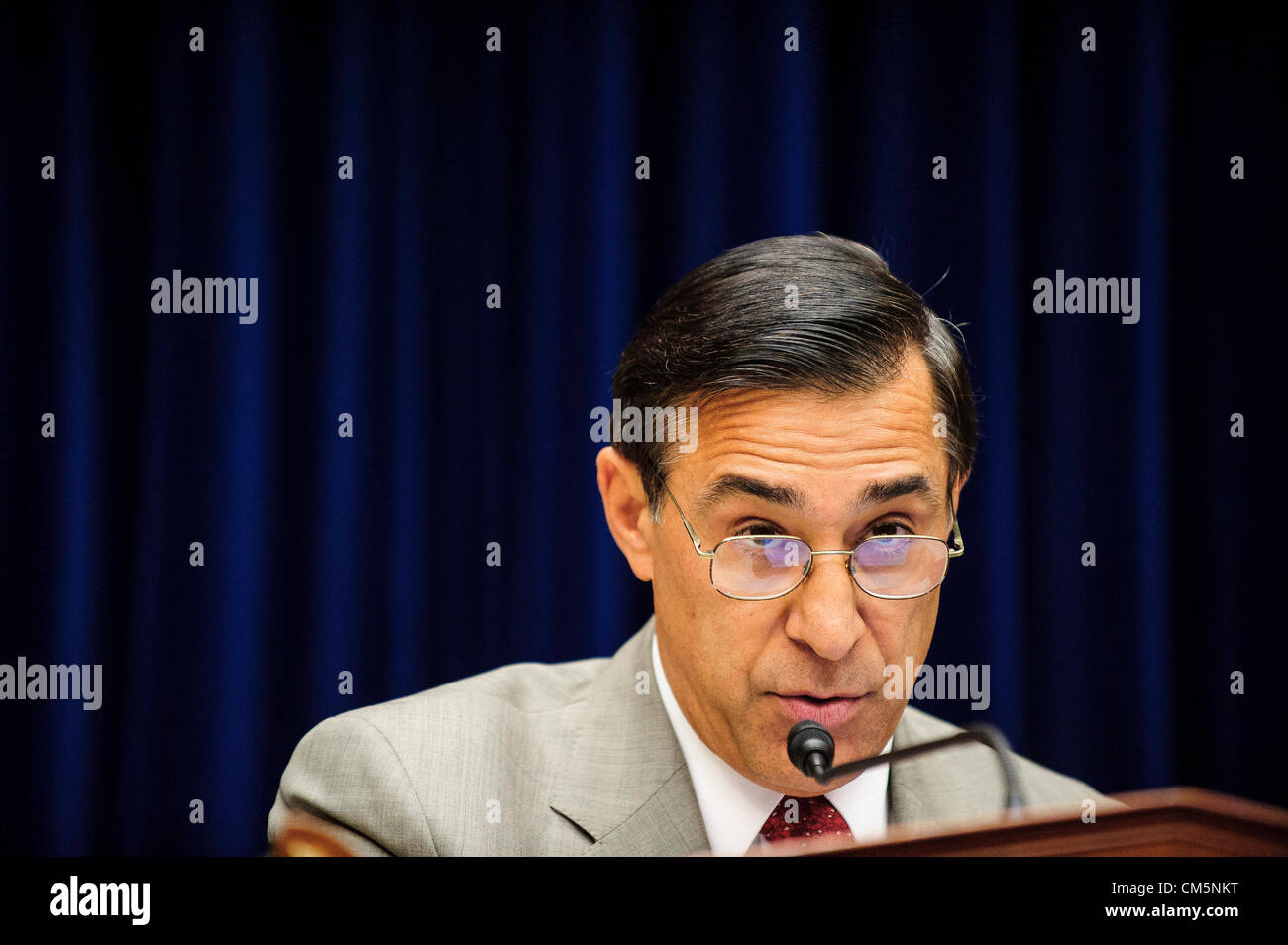 Oct. 10, 2012 - Washington, District of Columbia, U.S. - Committee Chairman DARYL ISSA (R-CA)  questions witnesses during a House Oversight and Government Reform Committee during a hearing focusing on the security situation in Benghazi leading up to the September 11 attack that resulted in the assassination of U.S. Ambassador to Libya J. Christopher Stevens. (Credit Image: © Pete Marovich/ZUMAPRESS.com) Stock Photo