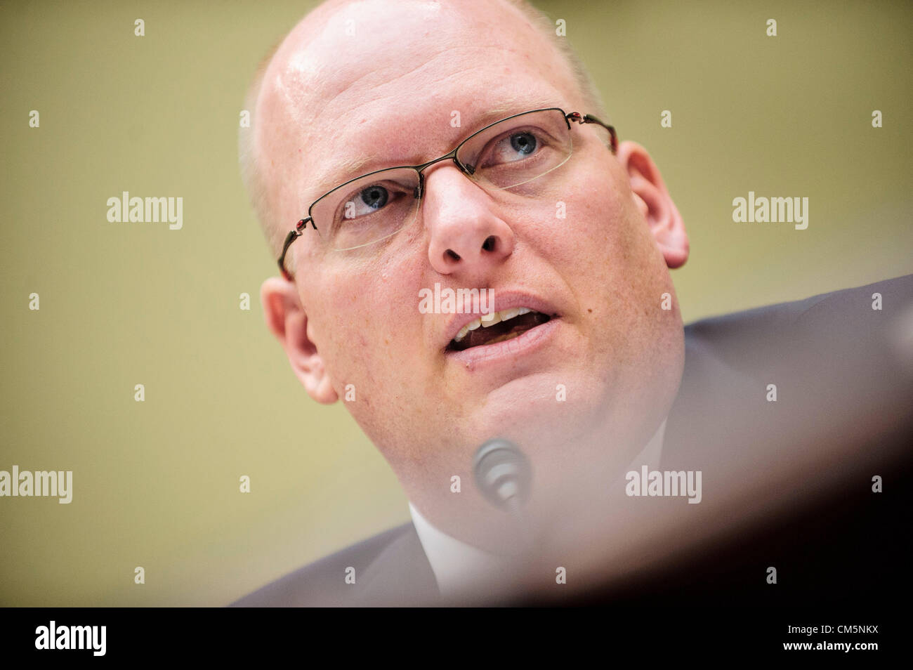 Oct. 10, 2012 - Washington, District of Columbia, U.S. - ERIC NORDSTROM, regional security officer at the State Department testifies before the House Oversight and Government Reform Committee during a hearing focusing on the security situation in Benghazi leading up to the September 11 attack that resulted in the assassination of U.S. Ambassador to Libya J. Christopher Stevens. (Credit Image: © Pete Marovich/ZUMAPRESS.com) Stock Photo