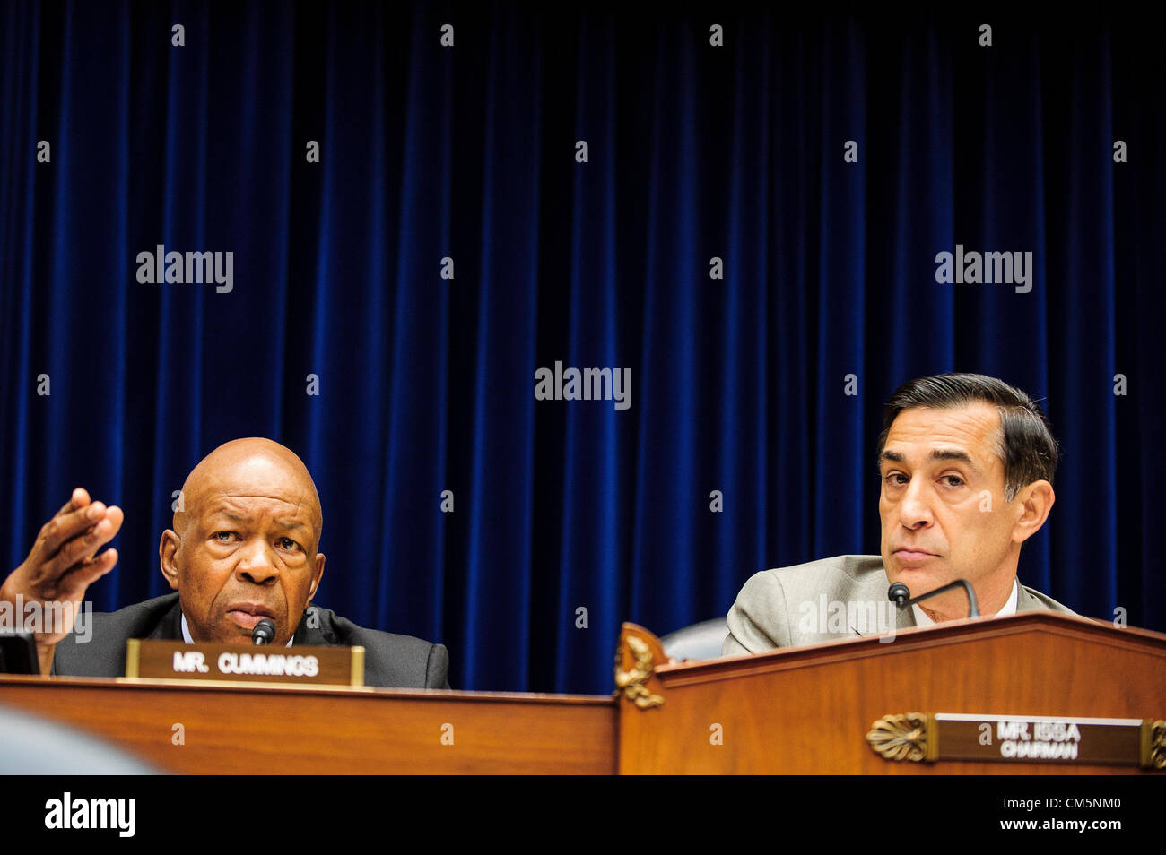 Oct. 10, 2012 - Washington, District of Columbia, U.S. - Rep. Elijah Cummings (R-MD) and Committee Chairman DARYL ISSA (R-CA)  question witnesses during a House Oversight and Government Reform Committee during a hearing focusing on the security situation in Benghazi leading up to the September 11 attack that resulted in the assassination of U.S. Ambassador to Libya J. Christopher Stevens. (Credit Image: © Pete Marovich/ZUMAPRESS.com) Stock Photo