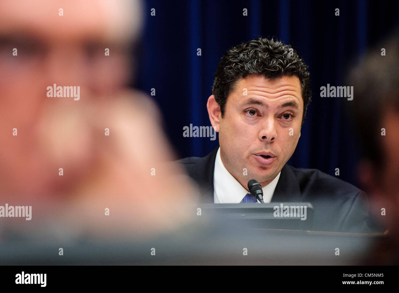 Oct. 10, 2012 - Washington, District of Columbia, U.S. - Rep. JASON CHAFFETZ (R-UT) questions witnesses during a House Oversight and Government Reform Committee during a hearing focusing on the security situation in Benghazi leading up to the September 11 attack that resulted in the assassination of U.S. Ambassador to Libya J. Christopher Stevens. (Credit Image: © Pete Marovich/ZUMAPRESS.com) Stock Photo