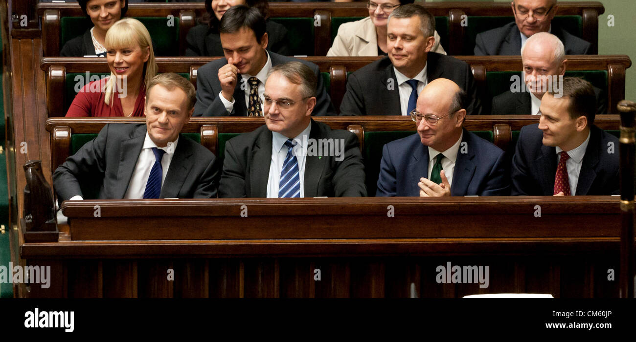 12th of October 2012. Warsaw, Poland. Expose of Prime minister and Vote of confidence for current goverment in Parliment (Sejm). On the picture - prime minister Donald Tusk (left) , vice-prime minister Waldemar Pawlak (center left) , minister of finance Jacek Rostowski (center right ) , minister of foregin affairs Radoslaw Sikorski (right) Stock Photo
