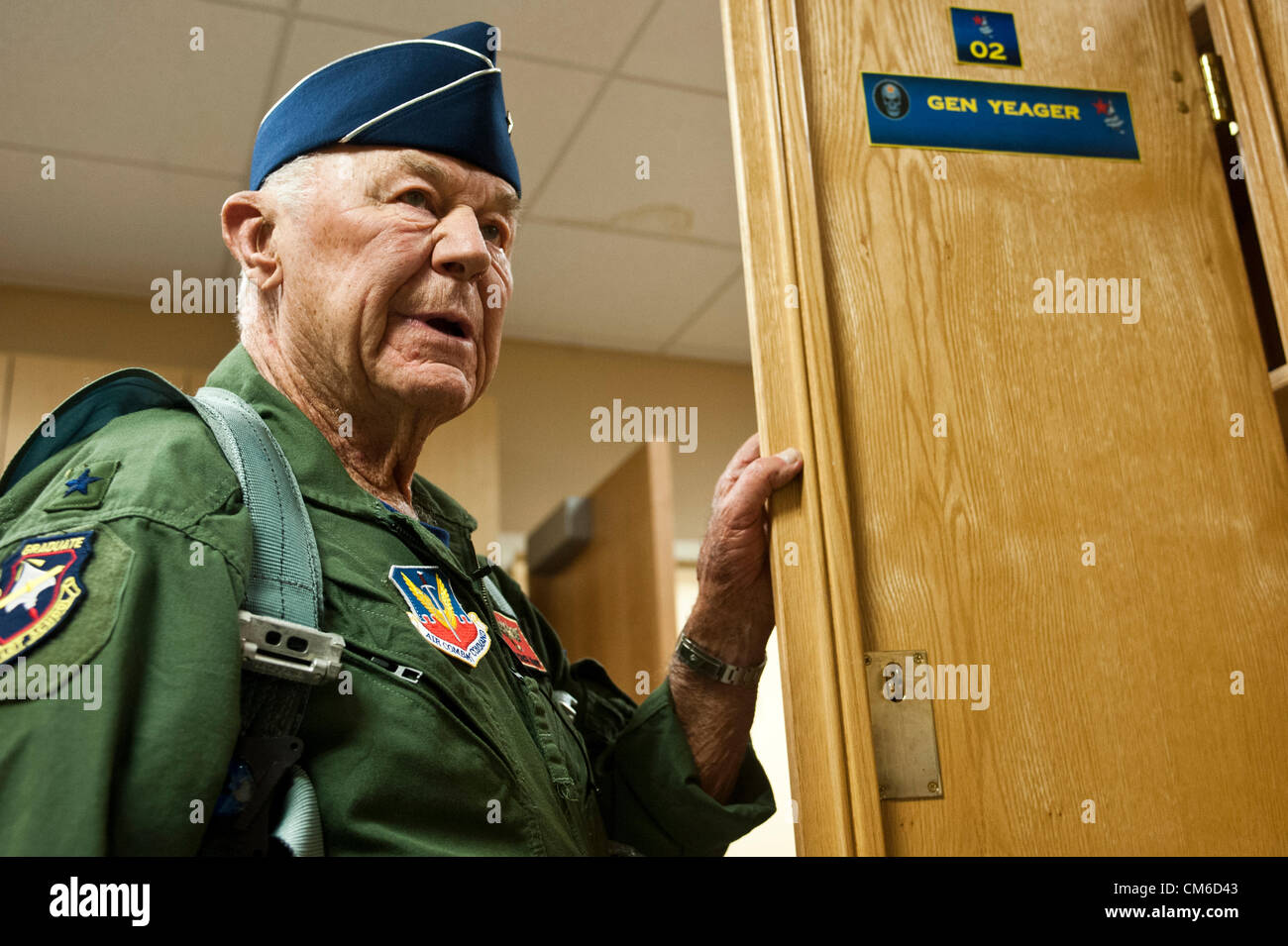 Retired United States Air Force Brig. Gen. Chuck Yeager, 89, before boarding a F-15D Eagle fighter aircraft to celebrate the 65th anniversary of becoming the first person to break the sound barrier October 14, 2012, at Nellis Air Force Base, Nevada. In 1947 Yeager broke the sound barrier in a Bell XS-1 rocket research plane named Glamorous Glennis. Stock Photo