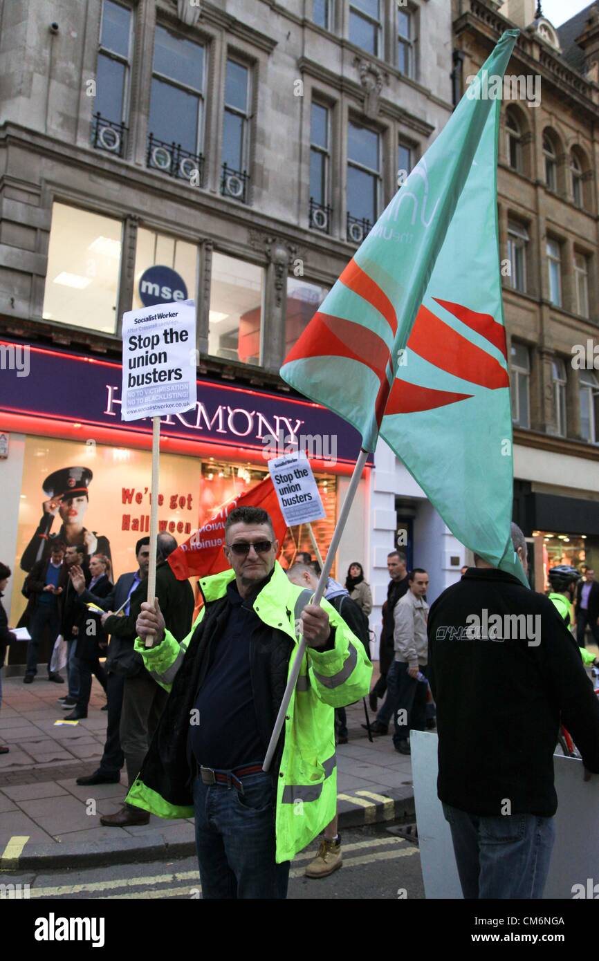 London, UK. 17th October 2012  A group of protestors blocked off a junction on Oxford Street, close to a Cross Rail work site. They were protesting against what they say are union victimization and blacklisting for the workers. Stock Photo
