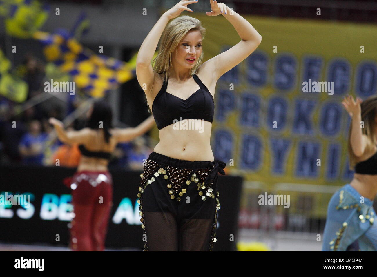 Gdansk, Poland, 17th October 2012 Basketball: Turkish Airlines Euroleague group B. Gdynia Cheerleaders team performs during  Asseco Prokom Gdynia v Unicaja Malaga game at ERGO Arena sports hall in Gdansk Stock Photo