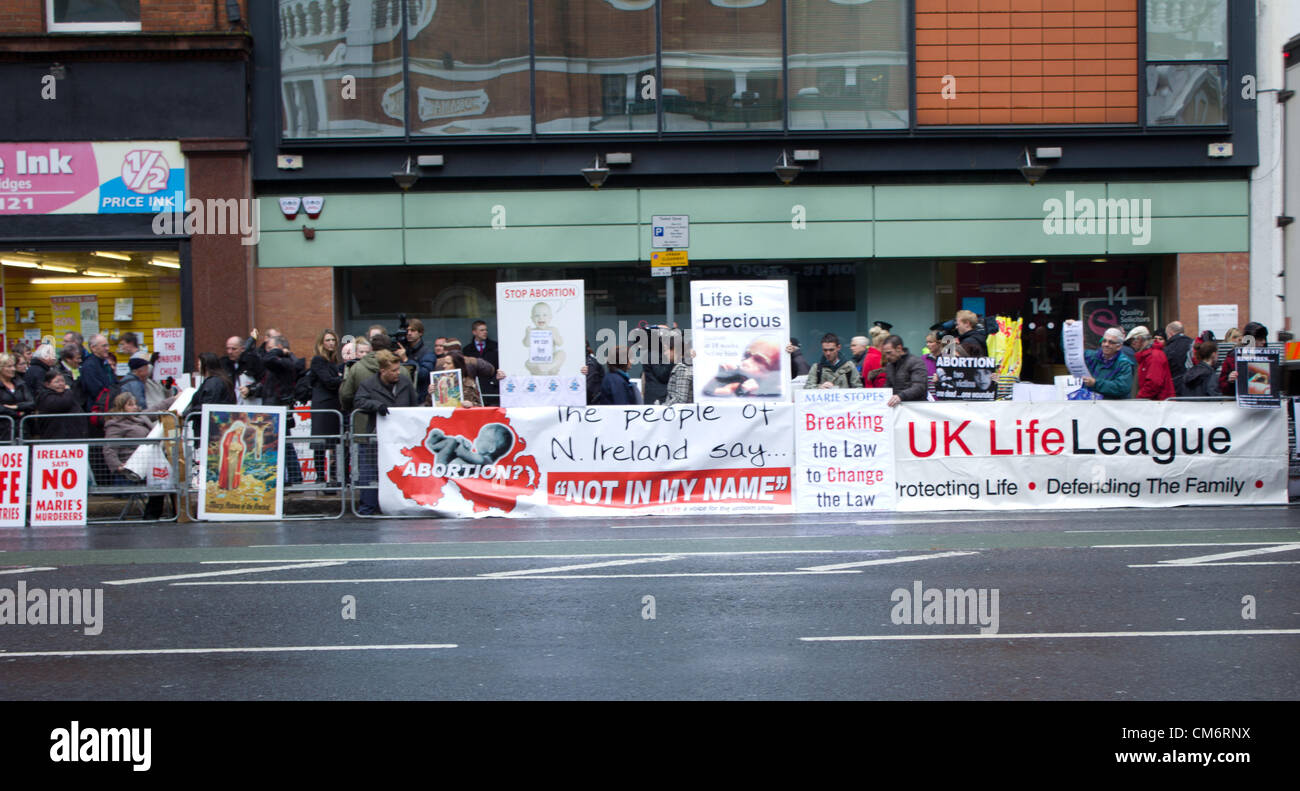 Belfast, UK. 18th October, 2012. Anti-abortion protesters at the opening of the Marie Stopes clinic in Belfast, the first private clinic in Northern ireland to offer abortions. The clinic, which opened today, offers abortions under the law in Northern Ireland. Stock Photo