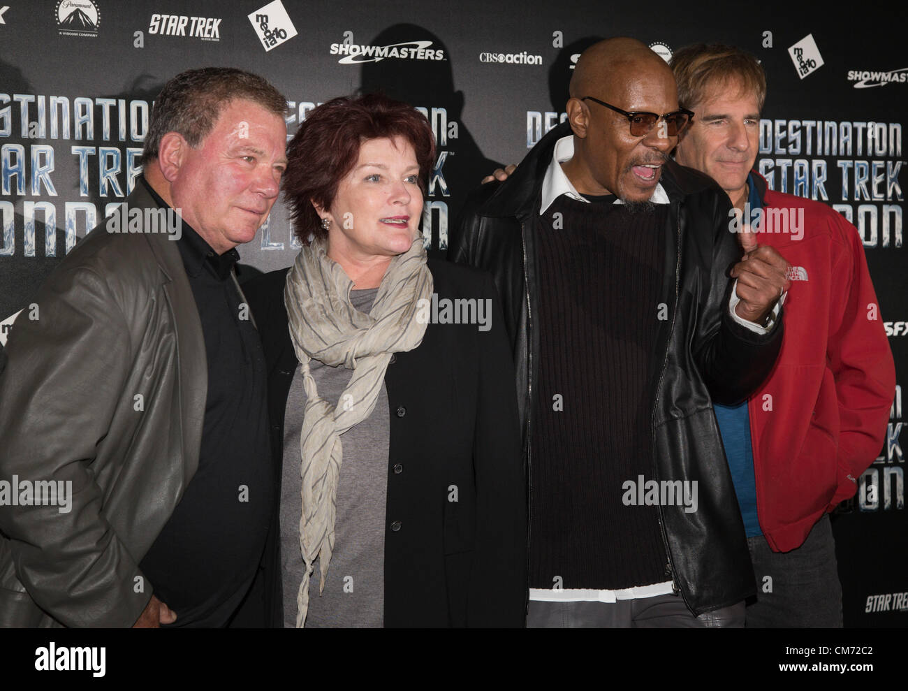 London, England, UK. Friday, 19 October 2012. Photocall with four of the five captains of the Star Trek series (L-R) William Shatner (original series), Kate Mulgrew (Voyager), Avery Brooks (Deep Space Nine) and Scott Bakula (Enterprise) at Destination Star Trek. Sir Patrick Stewart who played Captain Jean-Luc Picard in The Next Generation refused to join his fellow actors for the photocall although he was standing only yards away.The Convention takes place at the ExCel Exhibition Centre in East London from 19-21 October 2012. Photo credit: Nick Savage/Alamy Live News Stock Photo