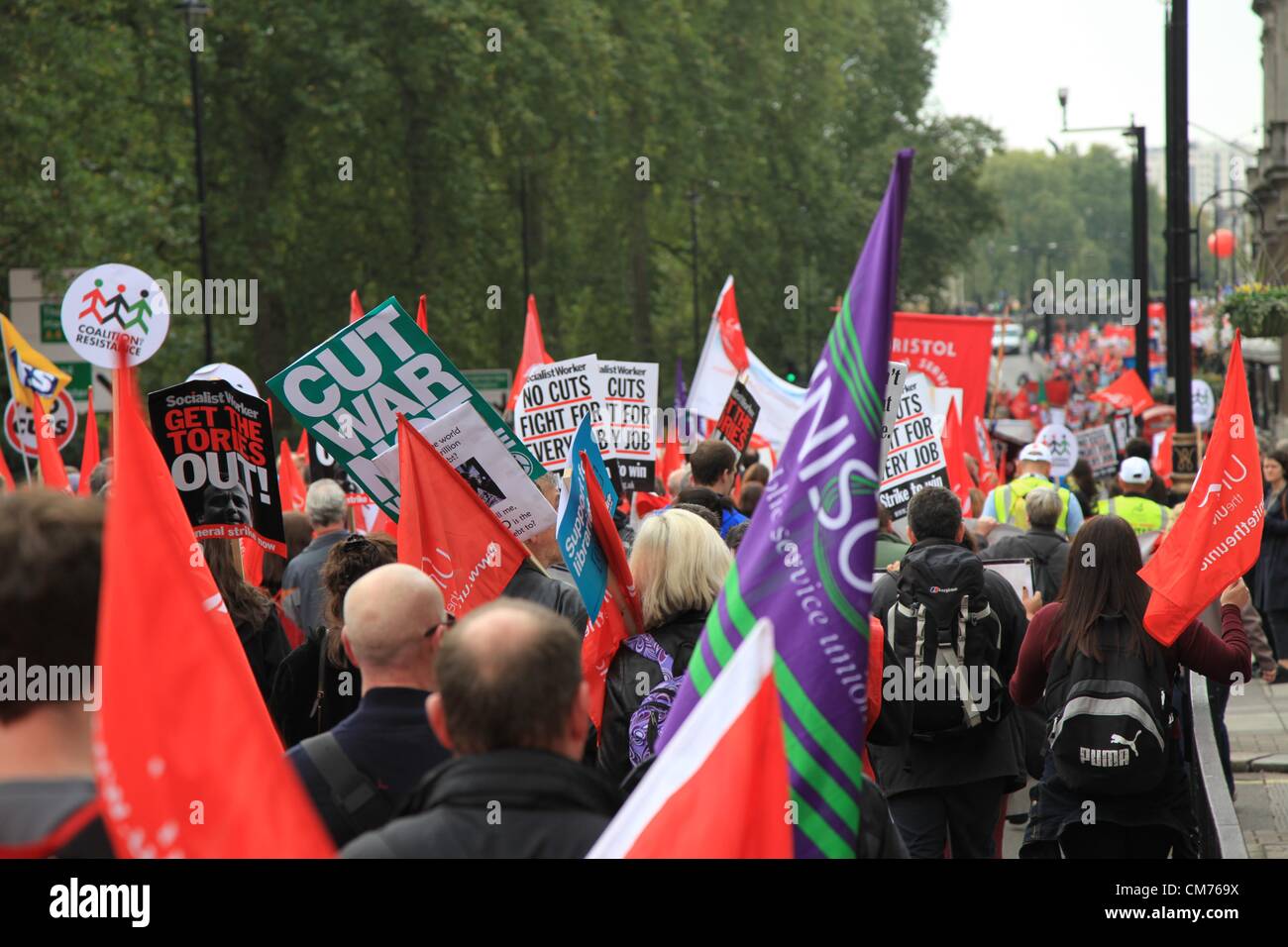 London, UK. 20th October 2012 The main TUC march flows down Piccadilly towards the rally in Hyde Park. Thousands gathered in Central London to join the march 'A Future that Works' organized by TUC. Credit:  nelson pereira / Alamy Live News Stock Photo