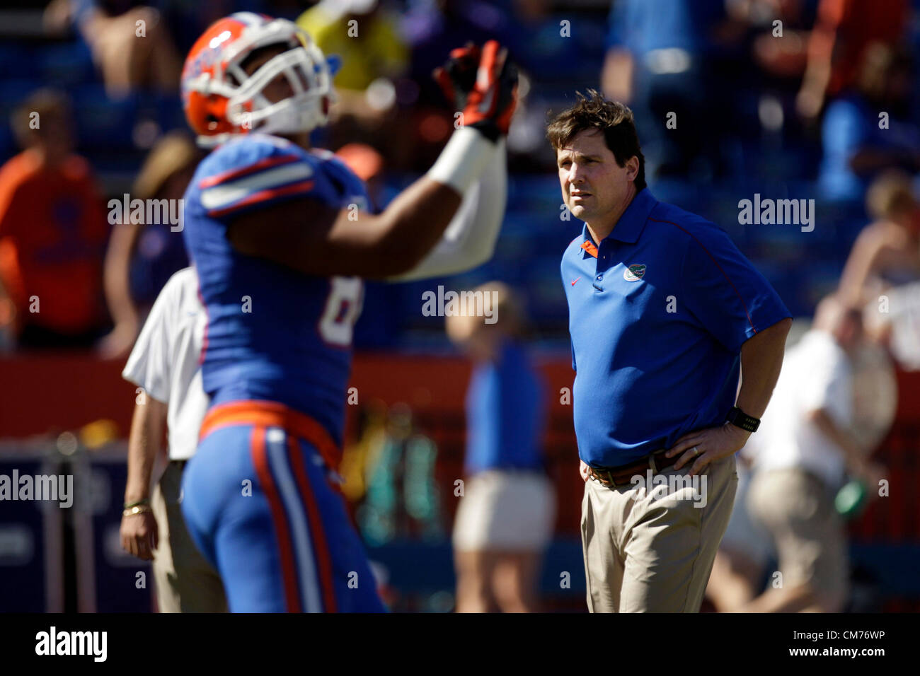 Oct. 20, 2012 - Florida, U.S. - WILL VRAGOVIC | Times.ot 360417 vrag gators 02 of (10/20/12 Gainesville, Fla.) Florida Gators head coach Will Muschamp watches warmups before the South Carolina Gamecocks at the Florida Gators football game at Ben Hill Griffin Stadium in Gainesville, Fla. on Saturday, Oct. 20. (Credit Image: © Will Vragovic/Tampa Bay Times/ZUMAPRESS.com) Stock Photo