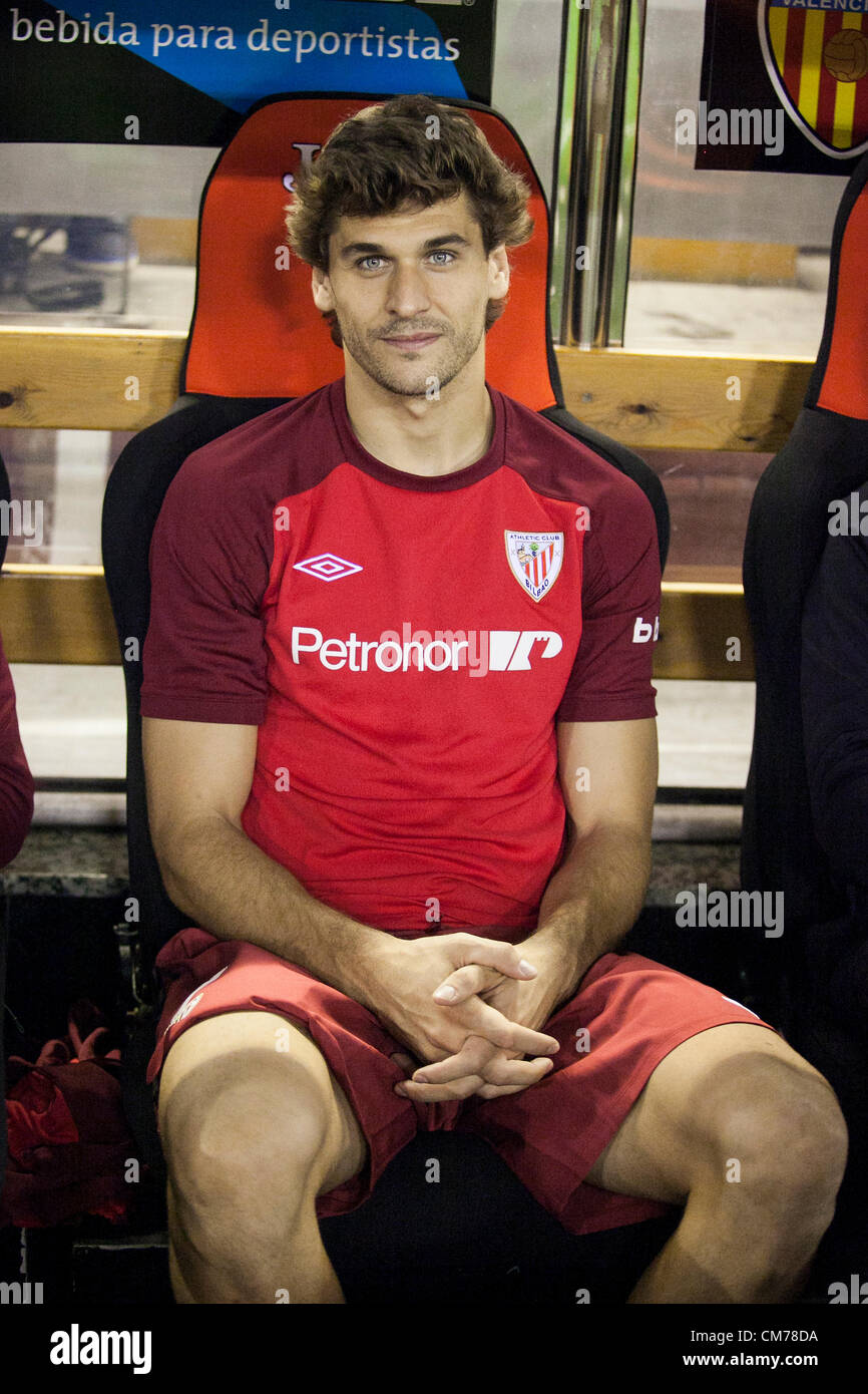 20.10.2012 Valencia, Spain.Forward Fernando Llorente of Athletic Bilbao looks on from the bench prior to  the La Liga game between Valencia and Athletico Bilbao from the Mestalla Stadium. Stock Photo