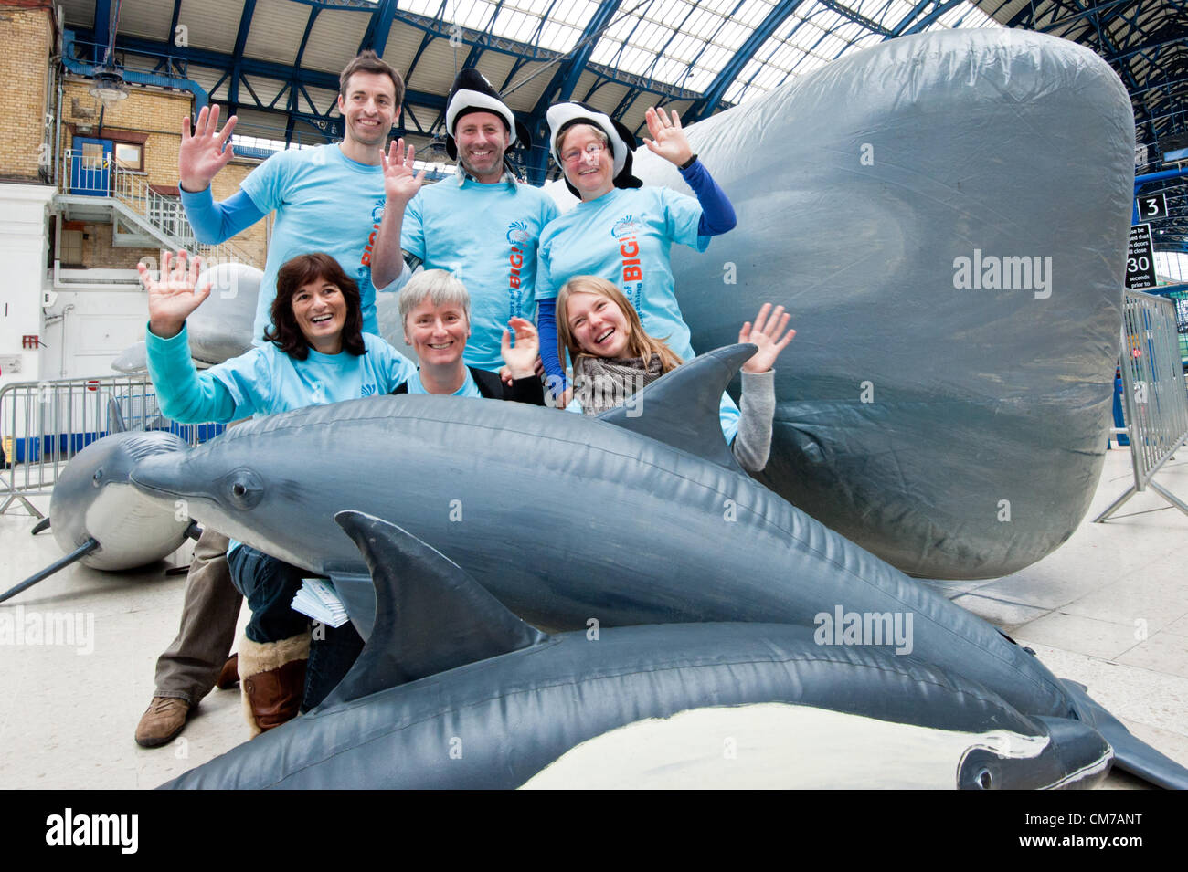 Brighton, UK. 21st October, 2012. Top - Common Dolphin held by L-R co-founders of Whalefest Dylan Walker, Ian Rowlands, with volunteers Linda Wessel and L-R front Daphne Rowlands Bec Hanley, Fiona Somerville with a Bottlenose Dolphin and the whale now standing at platfroms 1,2,and 3 of Brighton Station is a 13 metre female Sperm Whale. She, her calf and friends will be arriving at Whalefest at Brighton Hilton Metropole on 27th and 28th October 2012. phot Credit: Julia Claxton/Alamy Live News Stock Photo