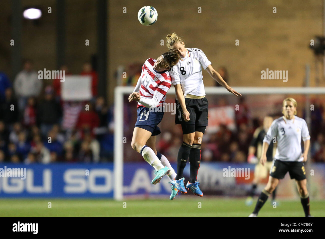 20.10.2012. Chicago, USA.  Abby Wambach (USA) (14) and Kim Kulig (GER) (8) challenge for a header. The United States Women's National Team played the Germany Women's National Team at Toyota Park in Bridgeview, Illinois in a women's international friendly soccer match. The game ended in a 1-1 tie. Stock Photo