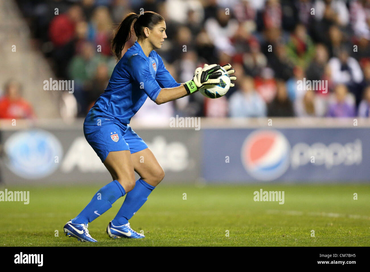 20.10.2012. Chicago, USA.  Hope Solo (USA) makes a save. The United States Women's National Team played the Germany Women's National Team at Toyota Park in Bridgeview, Illinois in a women's international friendly soccer match. The game ended in a 1-1 tie. Stock Photo