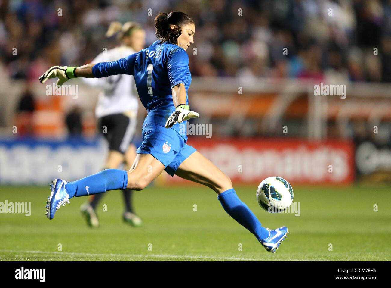 20.10.2012. Chicago, USA.  Hope Solo (USA). The United States Women's National Team played the Germany Women's National Team at Toyota Park in Bridgeview, Illinois in a women's international friendly soccer match. The game ended in a 1-1 tie. Stock Photo