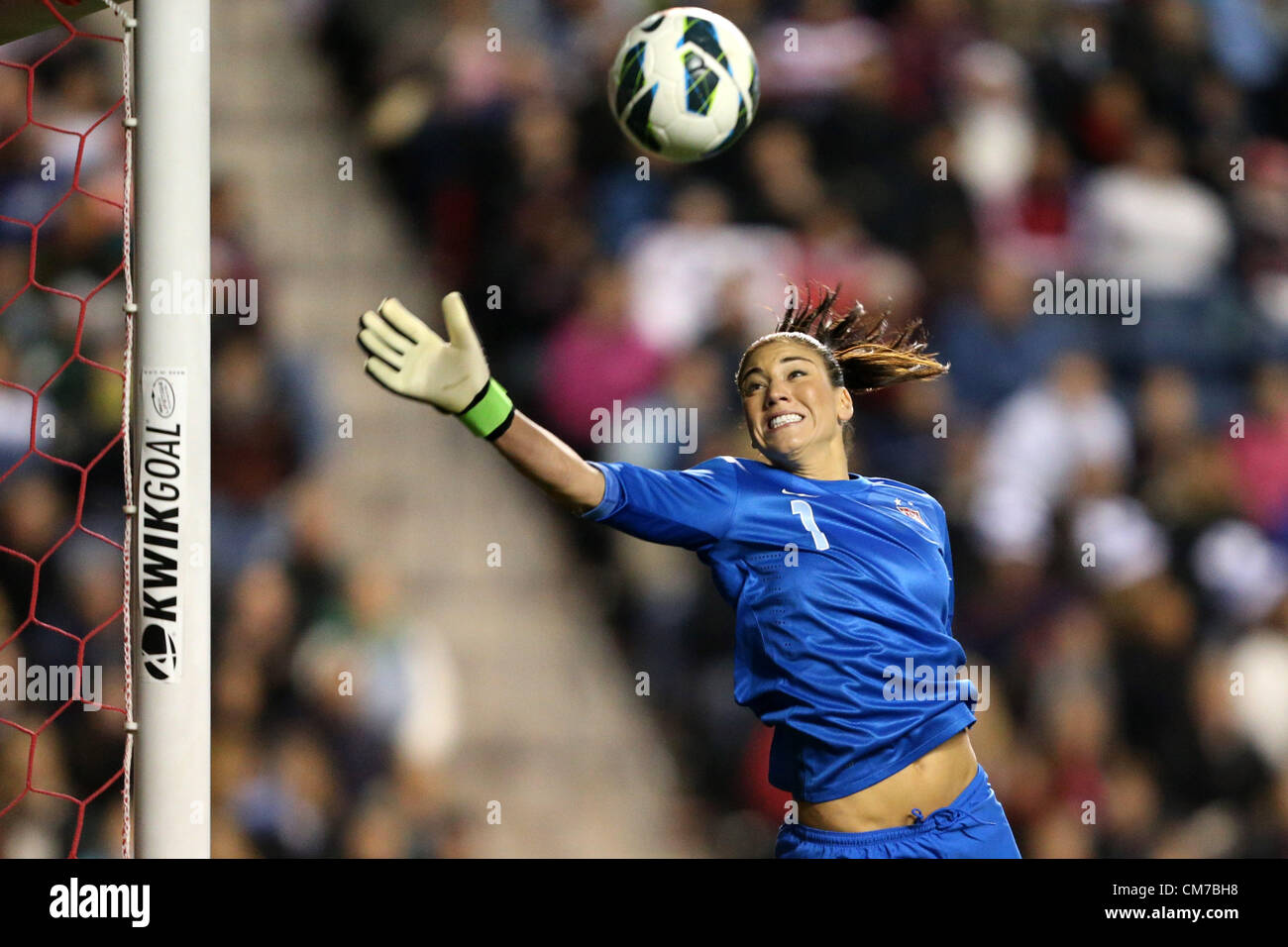 20.10.2012. Chicago, USA.  Hope Solo (USA) watches a Germany shot sail wide of the goal. The United States Women's National Team played the Germany Women's National Team at Toyota Park in Bridgeview, Illinois in a women's international friendly soccer match. The game ended in a 1-1 tie. Stock Photo