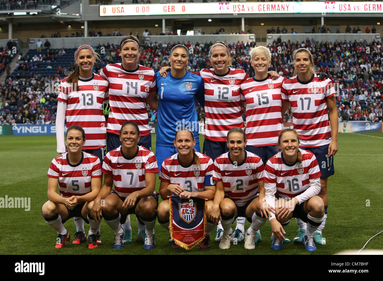20.10.2012. Chicago, USA.  U.S. starters. Front row (left to right): Kelley O'Hara (USA), Shannon Boxx (USA), Christie Rampone (USA), Heather Mitts (USA), Rachel Buehler (USA). Back row: Alex Morgan (USA), Abby Wambach (USA), Hope Solo (USA), Lauren Cheney (USA), Megan Rapinoe (USA), Tobin Heath (USA). The United States Women's National Team played the Germany Women's National Team at Toyota Park in Bridgeview, Illinois in a women's international friendly soccer match. The game ended in a 1-1 tie. Stock Photo