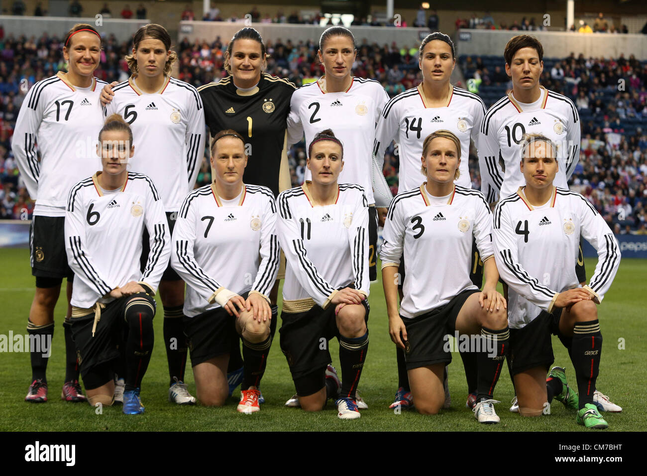 20.10.2012. Chicago, USA.  Germany starters. Front row (left to right): Simone Laudehr (GER), Melanie Behringer (GER), Anja Mittag (GER), Saskia Bartusiak (GER), Babett Peter (GER). Back row: Viola Odebrecht (GER), Annike Krahn (GER), Nadine Angerer (GER), Bianca Schmidt (GER), Dzsenifer Marozsan (GER), Linda Brosonik (GER). The United States Women's National Team played the Germany Women's National Team at Toyota Park in Bridgeview, Illinois in a women's international friendly soccer match. The game ended in a 1-1 tie. Stock Photo