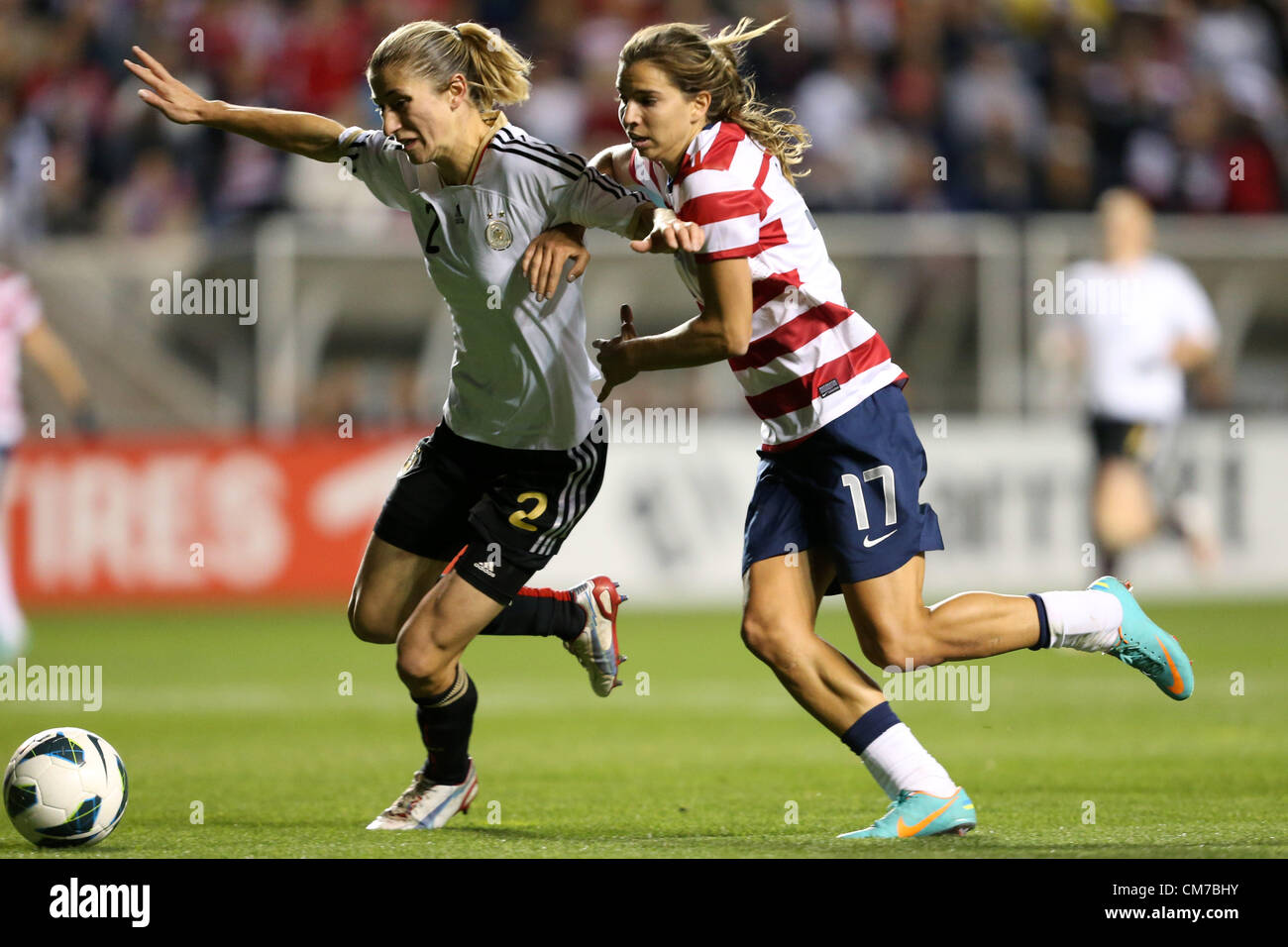 20.10.2012. Chicago, USA.  Bianca Schmidt (GER) (2) and Tobin Heath (USA) (17). The United States Women's National Team played the Germany Women's National Team at Toyota Park in Bridgeview, Illinois in a women's international friendly soccer match. The game ended in a 1-1 tie. Stock Photo