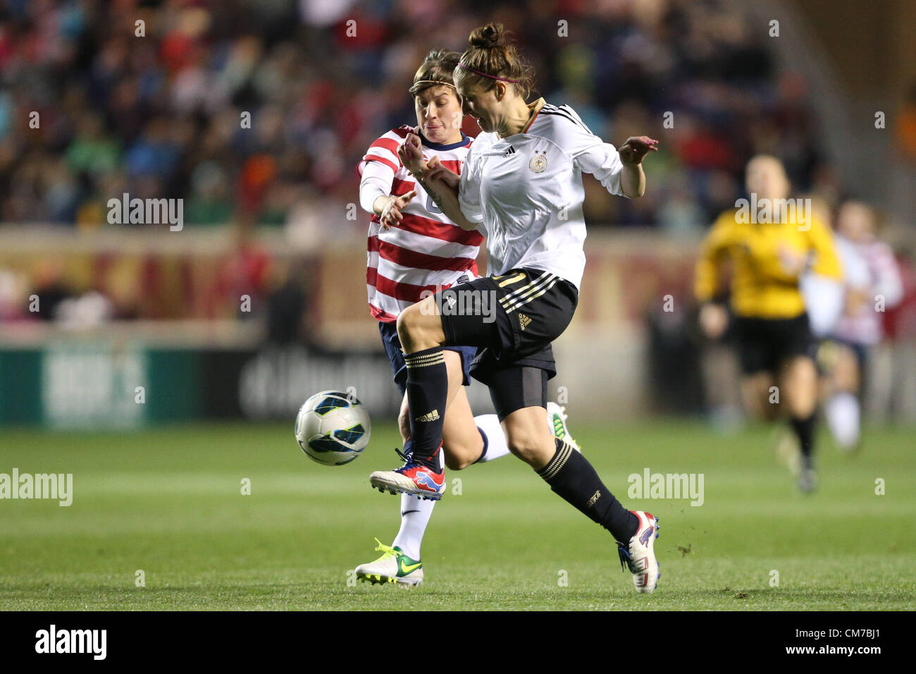 20.10.2012. Chicago, USA.  Anja Mittag (GER) (11) and Amy LePeilbet (USA) (behind). The United States Women's National Team played the Germany Women's National Team at Toyota Park in Bridgeview, Illinois in a women's international friendly soccer match. The game ended in a 1-1 tie. Stock Photo