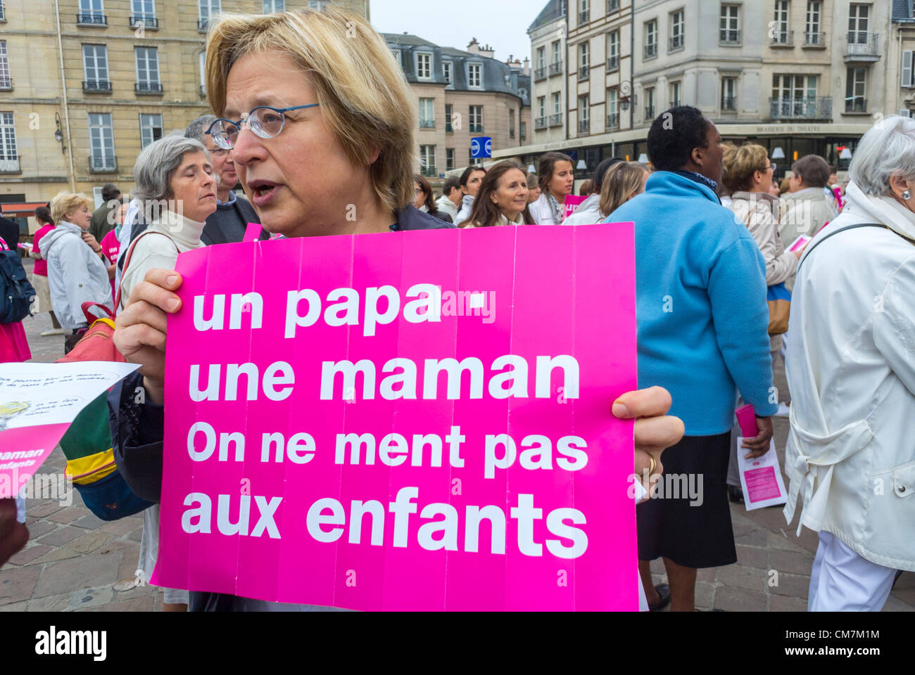 Paris, France. A group of 250 of France's Far right, Catholic Traditionalists, the Alliance VITA, held a national protest against the Government's move to legalize Gay-Marriage. First Anti-Gay Marriage Demonstration in Paris. Woman Holding Protest Sign, Homophobia Stock Photo